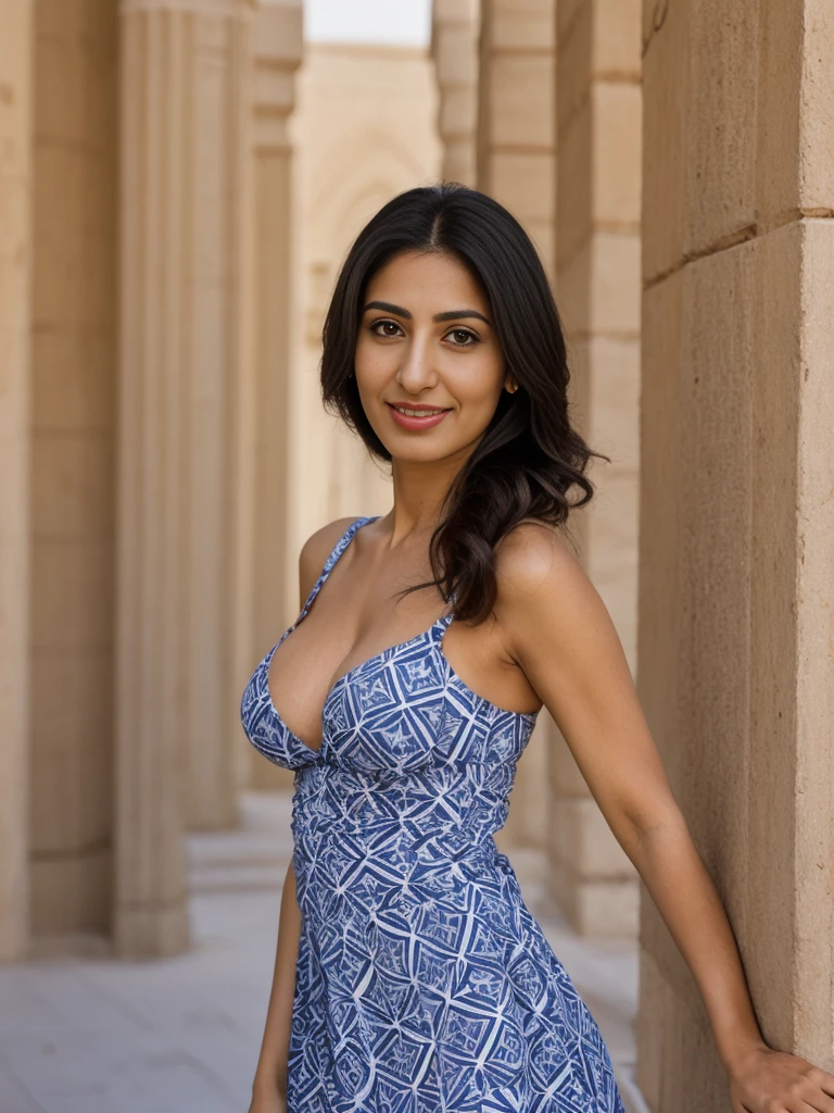 Rania, 1girl, solo, ((Egyptian woman)), consistent face and body, ((MILF)), ((30 years old)), (mature), ((slim)), ((Egyptian face)), (Egyptian nose), (Egyptian lips), long straight hair, upper body and upper legs, (background: Burj Al Arab), BREAK, (wearing printed bra spring dress), smirking, teasing