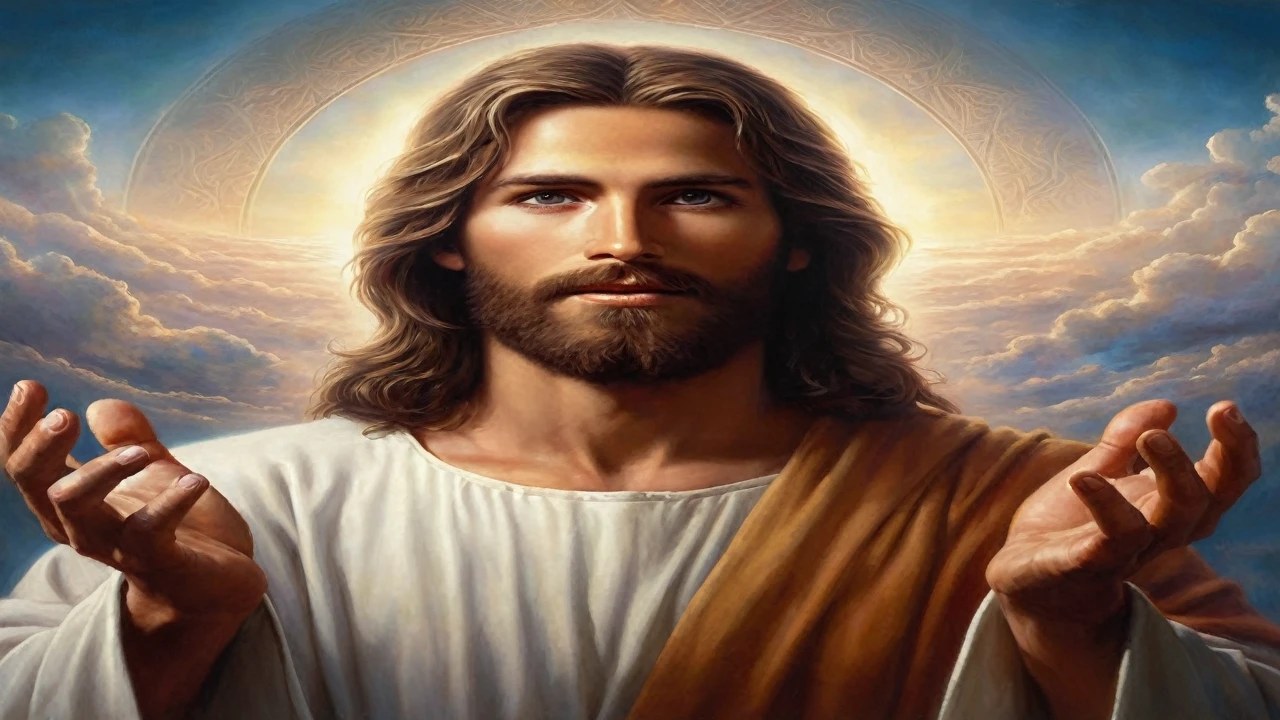 a painting of jesus holding his hands in front of the sky, JesusChrist, the lord and savior, jesus face, greg olsen, portrait of JesusChrist, Young God Almighty, JesusChrist in mass effect, Jesus of Nazareth, he is greeting you warmly, religious imagery, the face of god, jesus, gigachad jesus, god looking at me