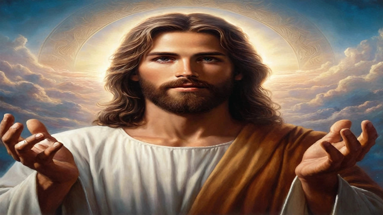 a painting of jesus holding his hands in front of the sky, JesusChrist, the lord and savior, jesus face, greg olsen, portrait of JesusChrist, Young God Almighty, JesusChrist in mass effect, Jesus of Nazareth, he is greeting you warmly, religious imagery, the face of god, jesus, gigachad jesus, god looking at me