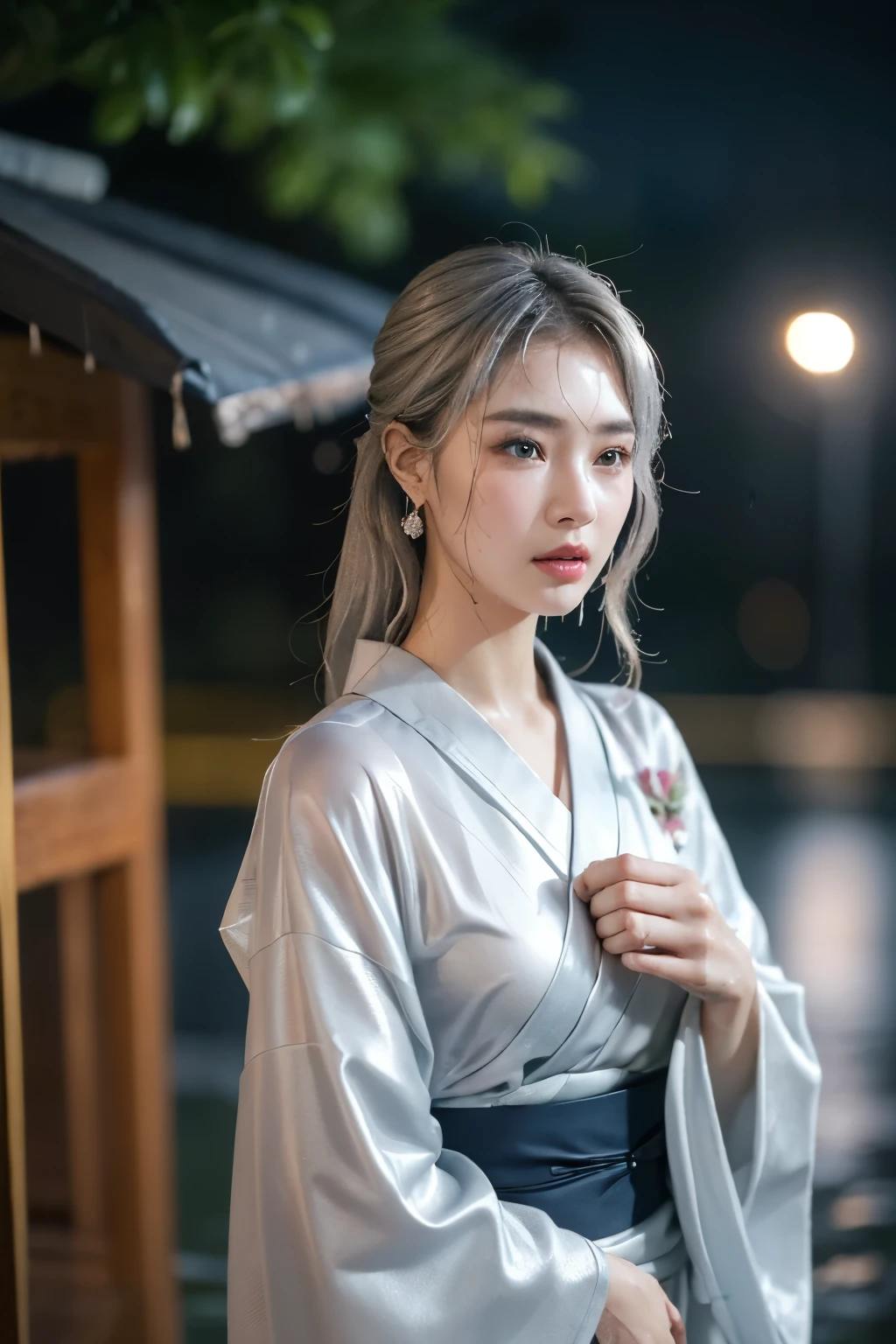 (RAW shooting:1.5, Photorealistic, 8k, Highest quality, masterpiece, Ultra-high resolution), ((Summer Night Rain)), Perfect dynamic composition:1.2, (Shrine at night in a modern city, Expressions of sadness:0.9, Tears flow:0.9, Crying with a broken heart:0.9), Highly detailed skin and facial textures:1.2, Slim office lady wet with rain:1.3, Cowboy Shot, Fair skin:1.2, Sexy beauty:1.1, Perfect Style:1.2, beautifully、aesthetic:1.1, Very beautiful face:1.2, Water droplets on the skin, (Rain dripping down on my body:1.2, Wet body:1.2, Wet Hair:1.3), (Professional kimono dressing:1.1, With a wet bouquet in hand:1.2, The correct way to wear a wet silver yukata:1.35), (Mid-chest, Bra is sheer, Chest gap), (Big eyes that exude beautiful eroticism:0.8, Adult charm:0.8, Fascinating:0.8), necklace, Earrings, bracelet