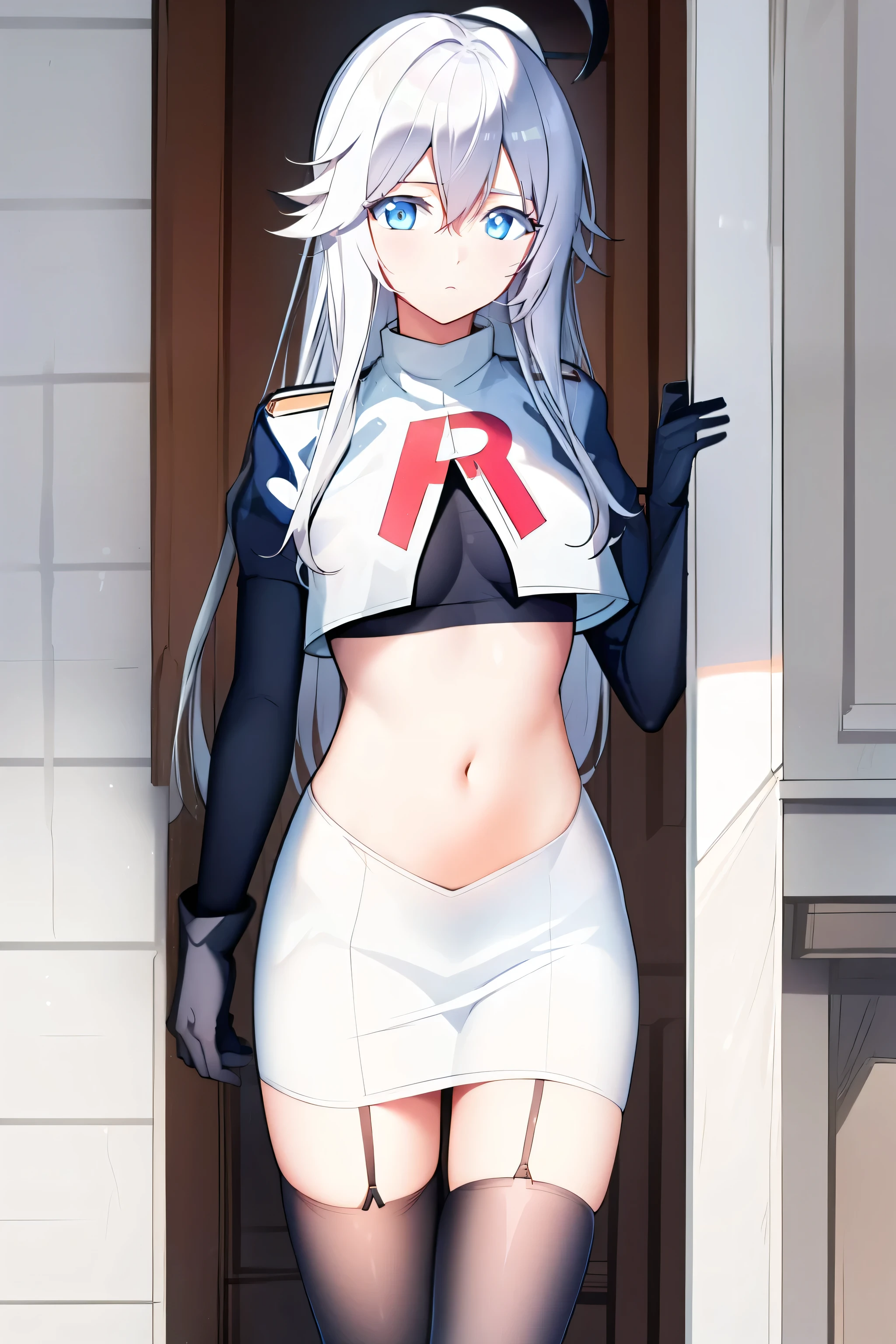 (masterpiece, Best Quality:1.2), 
1 girl,Vladilena,lenaface, blue eyes, old, looking at the viewer, by white,medium old, antenna hair, hair between the eyes,  looking at the viewer, He drowned, expressionless, hits, by white,
Team Rocket,Team Rocket uniform, red letter R, White skirt,White crop top,black thigh high stockings,black elbow length gloves
