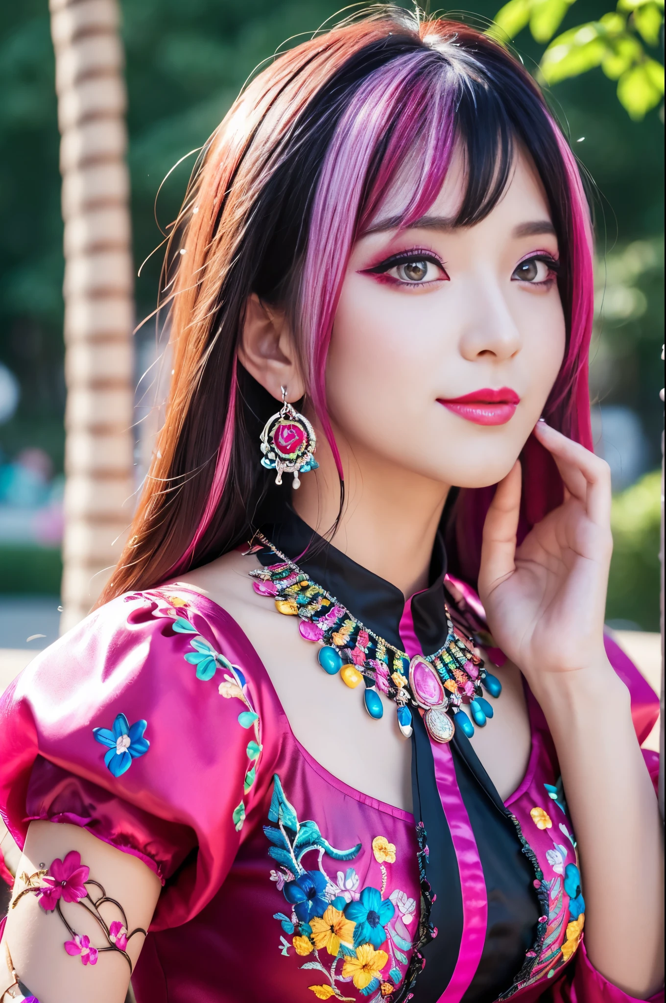 (masterpiece:1.4), (best quality:1.4), ultra high res, ultra high resolution, ((detailed facial features)), HDR, (realistic, photorealistic, photo-realistic:1.37), full body Esbian, sexy swedish model, (-anime), only 1 model, vivid colors, ((vivid colors multicolor (fuchsia, pink, light purple) very short hair)), (beautiful smile), lip-gloss, long lashes, ultra detailed drama makeup, defined eyebrows, wearing large sparkling colorful jewelery, wearing a red silk Paradise Kiss cosplay dress with black floral embroidery, ((vivid colors outfit)), vivid colors, look at the camera, cinematic light, large park background with trees, sweet and sexy pose