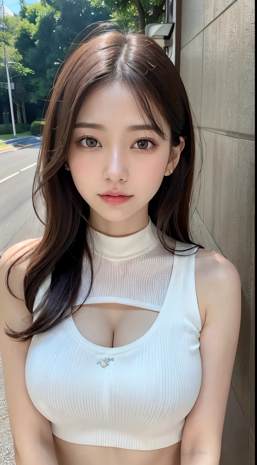 masutepiece、Highest quality、Photorealistic、Attention to detail、High resolution、8k wallpaper、Perfect dynamic composition、Beautiful detailed eyeedium Hair、Large Breasts、Random sexy poses、Put your chest close、(See-through mock neck crop tank top in white knitwear、The cleavage looks realistic)、(Breast swelling 1.2)、Resort scenery、Age 25、(Droopy Eyes 1.4)、Adult Beauty、Japanese、Emphasize cleavage、Moist and sweaty breasts、Shiny skin、Upper body photograph