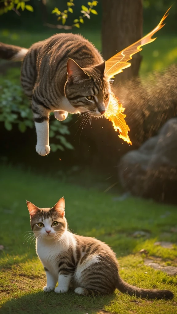 a cat by a Realistic-looking riverbank, fire Fly, Fine fur, Beautiful Eyes, Realistic lighting, Ambient natural sounds, Serene atmosphere, Structure of the film, Vibrant colors, photoRealistic, 8k, (Highest quality,4K,8k,High resolution,masterpiece:1.2),Very detailed,(Realistic,photoRealistic,photo-Realistic:1.37),Very detailed, Intricate details, Dynamic configuration, Dramatic lighting, Serene landscape, Natural Beauty, mesmerizing fire Fly, Peaceful atmosphere, Incredible realism