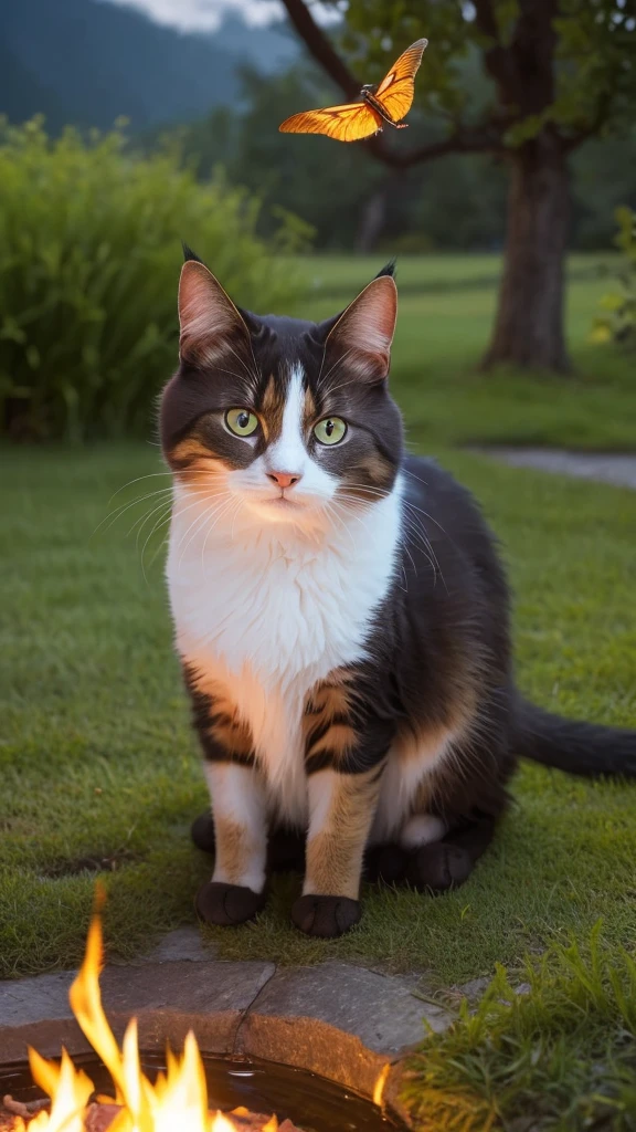 a cat by a Realistic-looking riverbank, fire Fly, Fine fur, Beautiful Eyes, Realistic lighting, Ambient natural sounds, Serene atmosphere, Structure of the film, Vibrant colors, photoRealistic, 8k, (Highest quality,4K,8k,High resolution,masterpiece:1.2),Very detailed,(Realistic,photoRealistic,photo-Realistic:1.37),Very detailed, Intricate details, Dynamic configuration, Dramatic lighting, Serene landscape, Natural Beauty, mesmerizing fire Fly, Peaceful atmosphere, Incredible realism