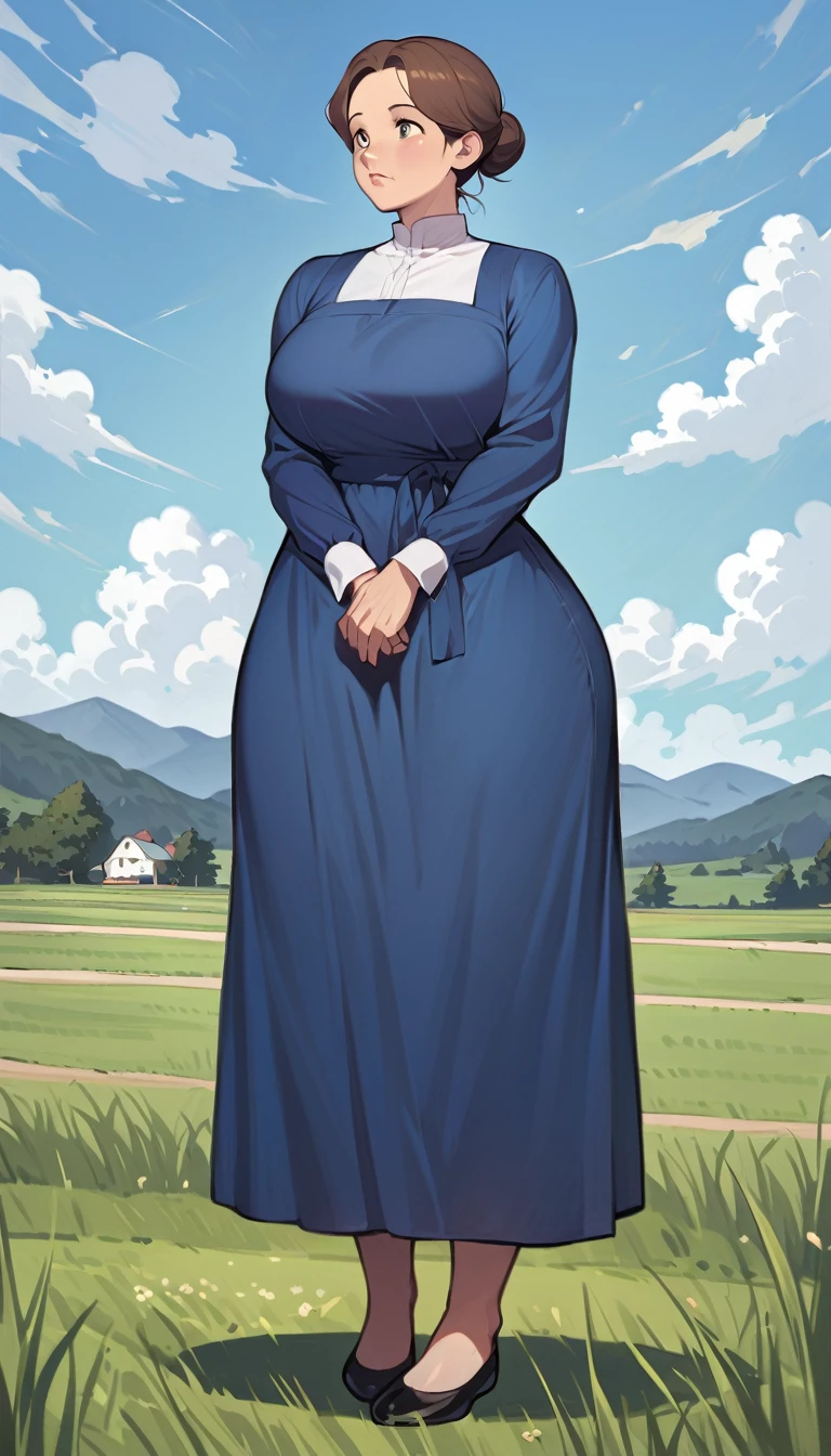 mature adult amish woman, 40 years old, pale skin, long sleeved blue dress, small black apron over her  blue dress, full body shown, very short brown hair in a conservative sleek bun, white bonnet kapp, wide hips, thick thighs, wearing simple black flats, thick legs, slightly below the knee dress, slight face wrinkles, tight sleeves, standing upright in a farm field, no makeup, round face, hands on lap, updo hairstyle, dress clings to hips