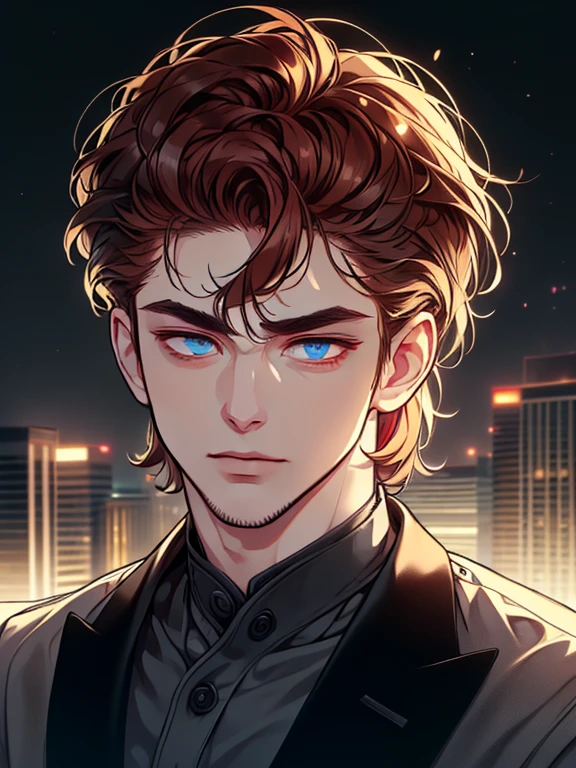 masterpiece, best quality, realistic, 1man, mature male, quiet and charming  man, 25 year old, serious look, closed mouth, portrait, extremely detailed face, cold smile in love, ((dark grey blue eyes)), ((short-right-swept dark Red hair)), [thick eyebrows], ((suit)), handsome, full body, western, Jewish, light brown skin,