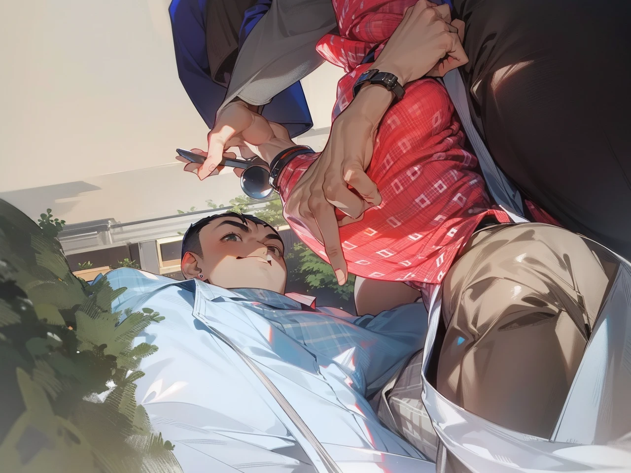 3 men, Black hair, Shirt, Blue Check Shirt, Short hair, Big lips, Man in white and light gray checked shirt, Man in blue checked shirt and earrings, simple earrings, Brown hair with perm Short man, Orange Plaid Shirt, Belt bag, Smile, shapely fingers、young、Slender、3some