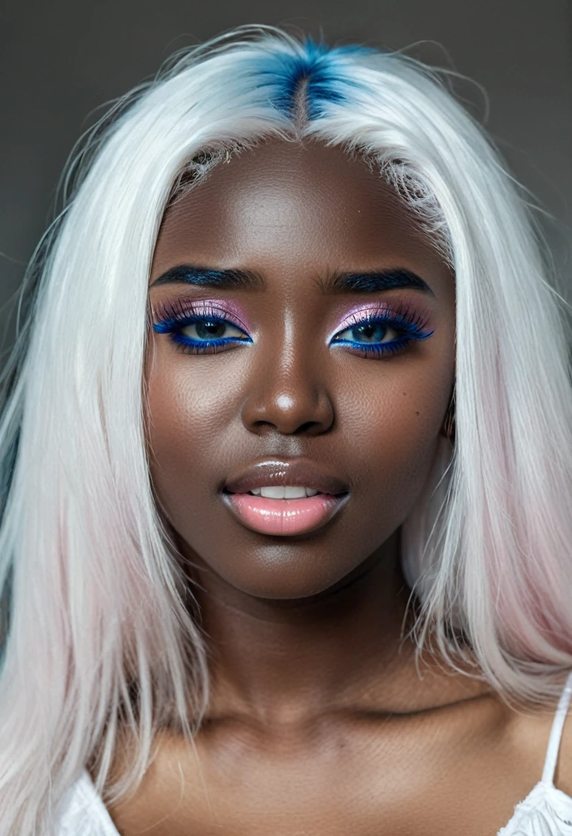 crying expression ,smile expression, angry expression, comely (((darkskin:1.2))) androgen:1.3, ((darkskin:1.2)), (((White hair))), ethereal darkskin beauty,blue piercing eyes,long flowing White hair,darkskin complexion,soft pink lips,sensual behavior,seducing gaze,pose