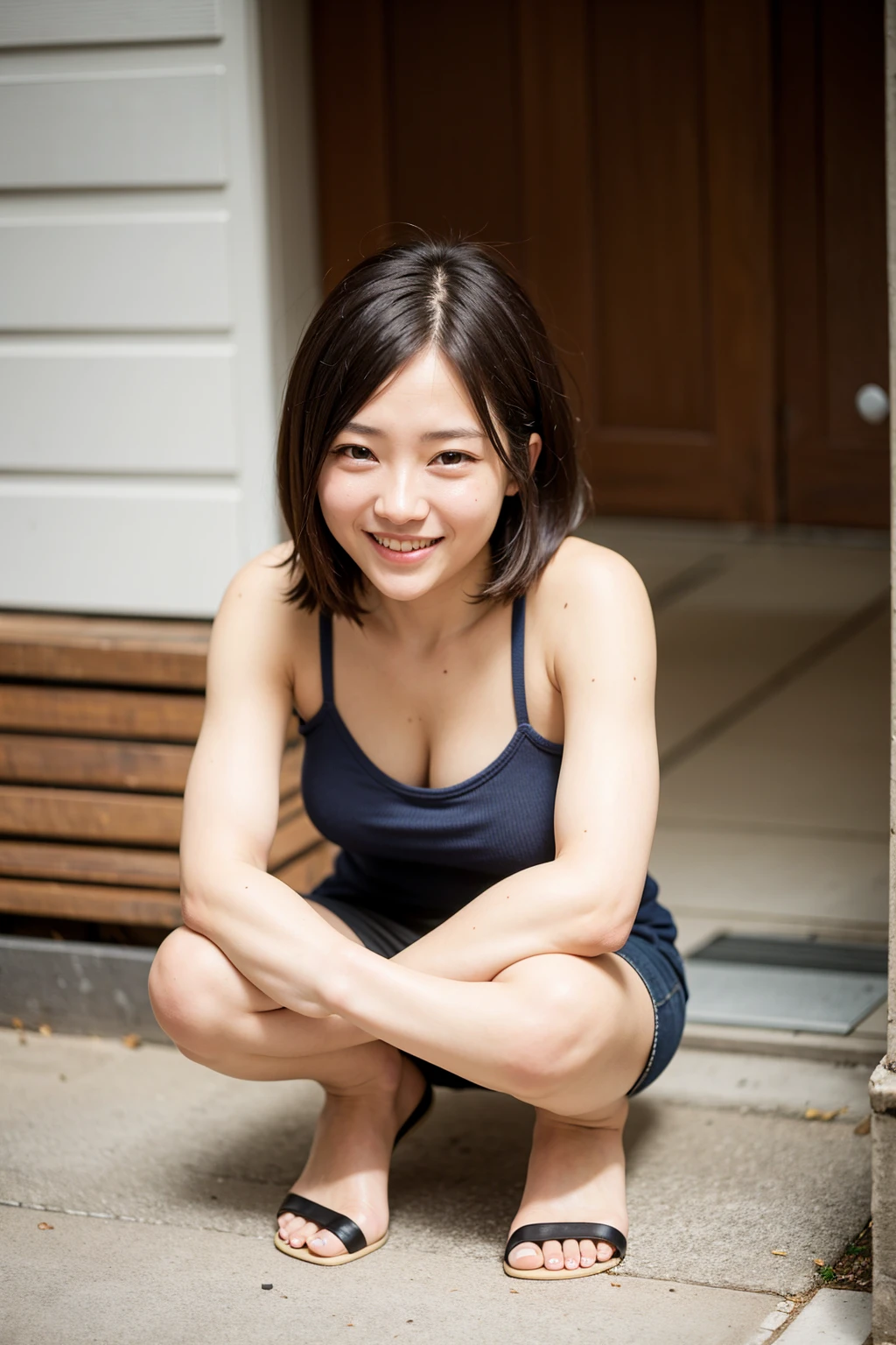 Top quality, 1 beautiful woman, super short Hair, shy-smile, Crouching