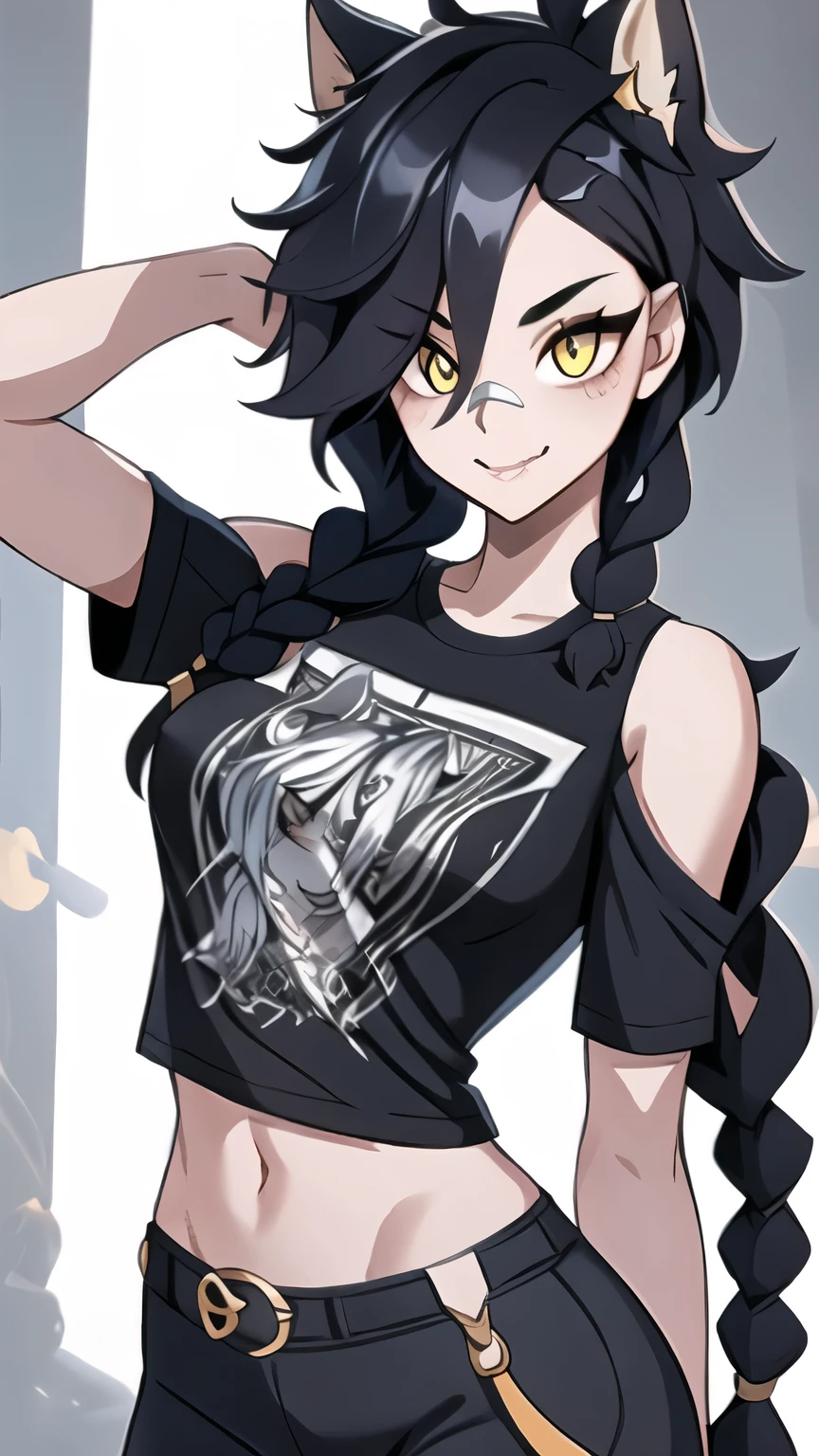 1girl, solo, long hair, looking at viewer, black hair, bandaid on face, yellow eyes, animal ears, smile, bandaid on nose, braid, cat ears, bandaid, bangs, breasts, fake animal ears, simple background, open mouth, fang, bare shoulders, scar, teeth, shirt, bare shoulders, white shirt, short sleeves, closed mouth, t-shirt, hair over one eye, portrait, bag, hair over shoulder, shorts, fullbody shot, cute, messy hair