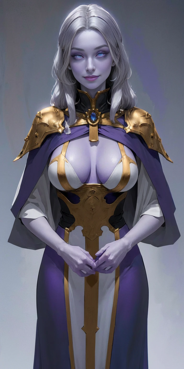 (1MILFWoman)(chest covered)(smile) Gray skin, pale golden hair and violet eyes. She prefer clothing of white and silver with cloaks of deep blue or purple, blue or purple background, knockers ((very precise detailed)) ((highres)