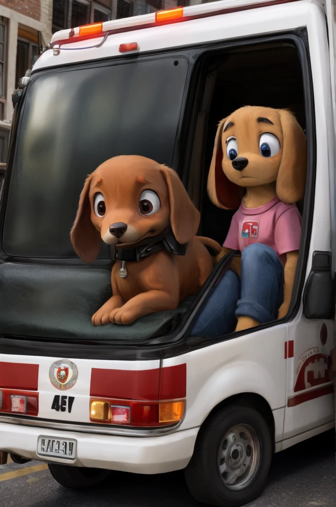 A scene where Emily is being taken away in an ambulance. The red-brown miniature dachshund, Lulu, is looking at the ambulance with a worried and sad expression. The background shows a small town street.
