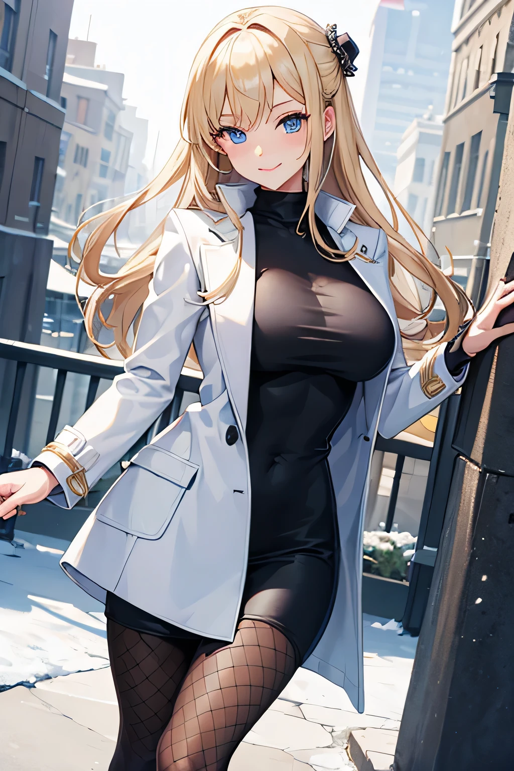 masterpiece, best quality, detailed clothes, young, blonde haired girl, blue eyes, medium breasts, winter coat/jacket, turtleneck dress, fishnet leggings, smiling, smile,