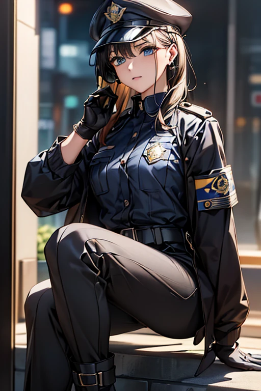 ((masterpiece), ((Highest quality)), (masterpiece,Highest quality,Official Art,Highly detailed CG Unity 8k wallpaper)、"A female police officer from the near future wears a highly functional uniform.。Wearing a dark blue or black tight-fitting jacket、Reflective lines and metallic accents、Built-in protective padding on shoulders and elbows。Badge and ID holder on left chest。Underneath, he wears a moisture-wicking grey or blue shirt.、Contrasting stripes on collar and cuffs。The pants are tight-fitting straight pants made from the same high-performance material as the jacket.、Built-in protective pads on knees and thighs。Wearing a sturdy black belt、Multiple pouches and holsters are attached.、Stores power tools and communication equipment。On her feet, she wears mid-cut black boots that provide good ankle support.。The cap also matches the uniform.、Reflective lines and metallic badges。As an accessory、Impact resistant gloves、Bulletproof glass goggles with night vision function、It also comes with a headset with an integrated earpiece and microphone.。"