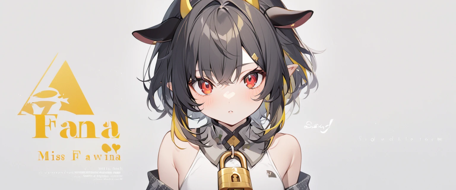 White-gray background, white background with gray patterns ,,yellow styleWith the inscription in the zh of "Miss Faina",A girl with short black hair with dull yellow strands, bare shoulders, pointed cow ears, red eyes,separate white fur collar with a lock, white top