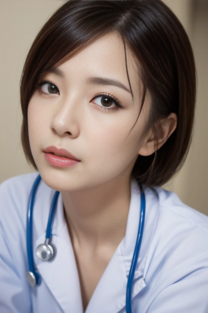 Tabletop, Highest quality, Ultra-high resolution,(Photorealistic:1.4) (Written boundary depth),(Lens Glow) ,28 ～ Random age up to 45, Looking into the camera、doctor&#39;White、blouse:1.5、Tight Skirt:1.5、Hospital examination room、beautiful Japanese female doctor:1.5、Random hairstyles for short hair and updos、Sit on a chair、A shy smile、Mouth half open、Overbyte、Sexy thighs:1.5、Beautiful bare legs、Healthy body shape、Full Body Shot、Cleavage、Fair skin、Multiple moles、Skirt Lift、