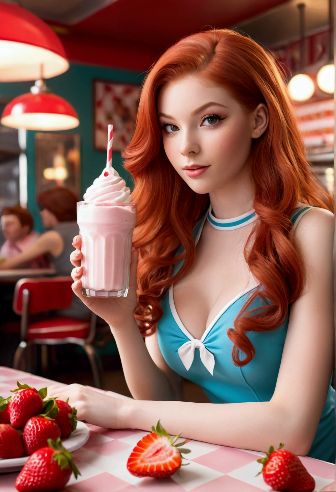 ultra realistic, photography, long red hair, girl, 24 years old, hourglass figure, perfect body, small breasts, Flirty look, extremely detailed artgerm, in the style artgerm, facing the camera, lens 35 mm, blur background, in a 60s diner, sitting at a table, strawberry milkshake, cheerleader outfit, relaxing