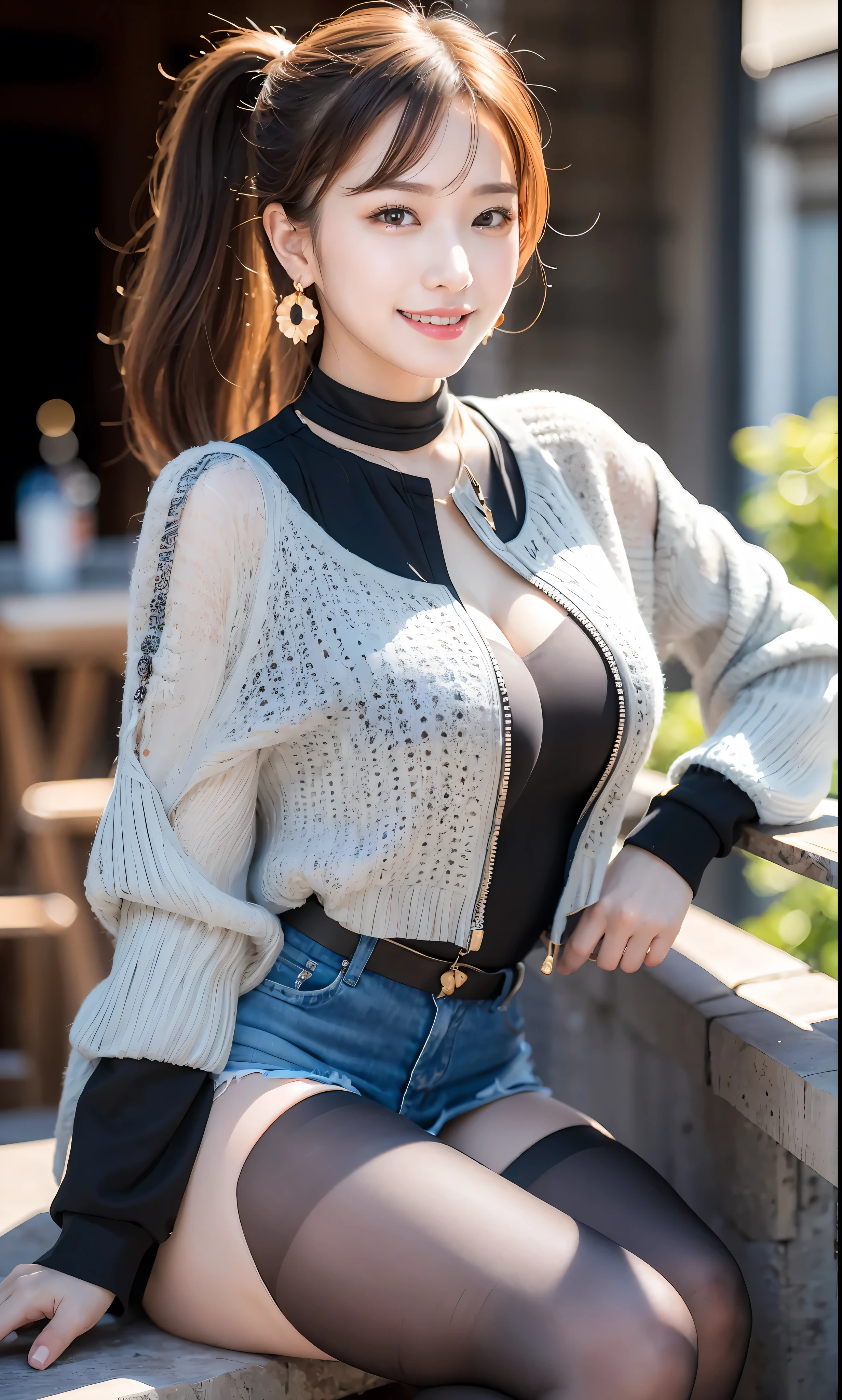 Delicate, Masterpiece, Beautiful Detail, Colorful, Fine Detail, Detail, Detail, Big Breasts, 1 Woman, (20 Year Old Beautiful Korean Woman: 1.1), (KPOP Idol, Korean Mix), (50mm Sigma f/1.4 ZEISS Lens, F1.4, 1/800s, ISO 100, Photo: 1.1), (Ponytail + Blonde: 1.2), Realistic: 1.4), (Spy: 1.2), (dark blue open jacket, shirt, skirt, tie, black pantyhose, Christian Louboutin \ (brand\): 1.3), earrings, necklace, armlets, (tavern: 1.2), (beautiful legs, tall woman, skinny, slim legs, thigh gap, model: 1.2), lens flare, happy smile from the front: 1.1), Dynamic pose, (make: 1.2), sitting on bar stools, Nogizaka idol, Korean idol, actress, gravure idol, armpit, arms crossed, android