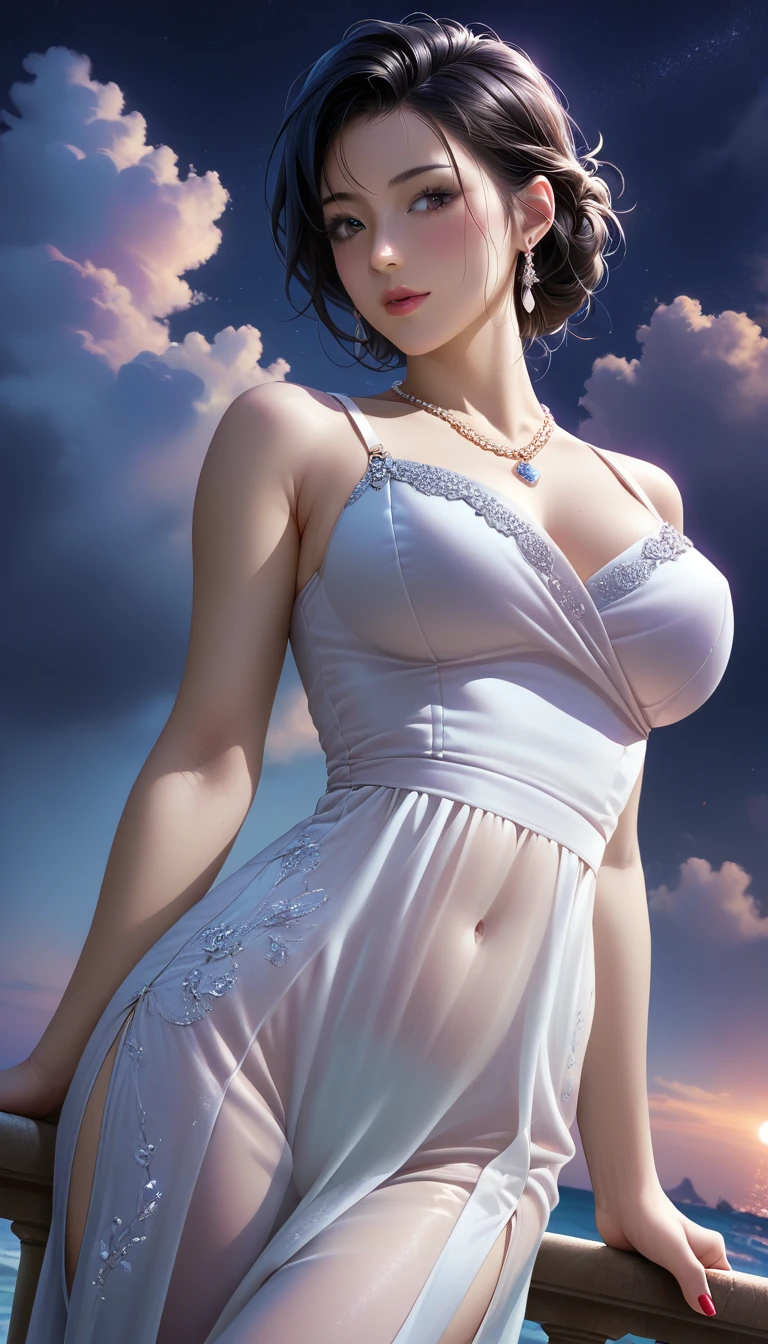 score_9, score_8_superior, score_7_superior, Masterpieces with up to 16K resolution,Highest quality,it is really amazing,Very detailed,Ultra-high resolution,Real,Realistic,Increased depth of field,Cinematic lighting,
sexy japanese milf,
Long black hair,(Ultra-detailed and beautiful faces:1.4),Translucent white skin,Very detailedな肌,
(Elegant resort dresses:1.2),
Artistic design,Beautiful and detailed pattern,Detailed fabric texture,
Gorgeous necklace,Earrings,
(A pitch black night sky with dark clouds:1.4),The coast before the storm,
delay々Continuing sandy beach,
(Wide angle:1.3),