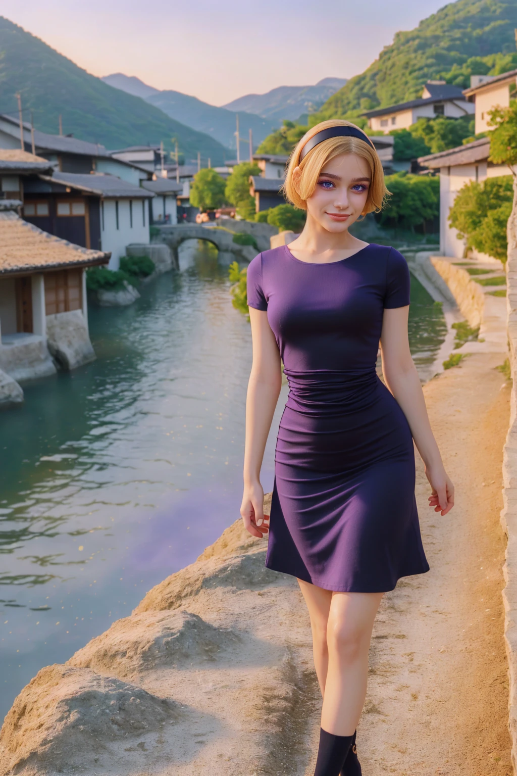 1 woman, adult woman, woman in her 30s, tarankaaa, NOT DASHA TARAN, full body standing, full body head to feet, perfect body, best quality, 32k, photograph, full body (head to toe), tone mapping, ((houjou satoko,short hair,black hairband,blonde hair,violet eyes,hair between eyes, one piece dress,short sleeves,mid sized breasts,athletic, skinny, accentuated hips and waist)), ((wearing red dress)), asian-european, ((golden blonde hair, short hair, purple eyes)) perfectly drawn hands, ((masterpiece)), ((highres)), ((detailed background)), japanese village background, next to a river, (big proportions), cute pose, beautiful smile, ((perfect eyes, detailed eyes, realistic eyes)), ((sharp face, detailed face, realistic face, natural skin, realistic skin, detailed skin, pores)), (real wider legs, truly wider arms)