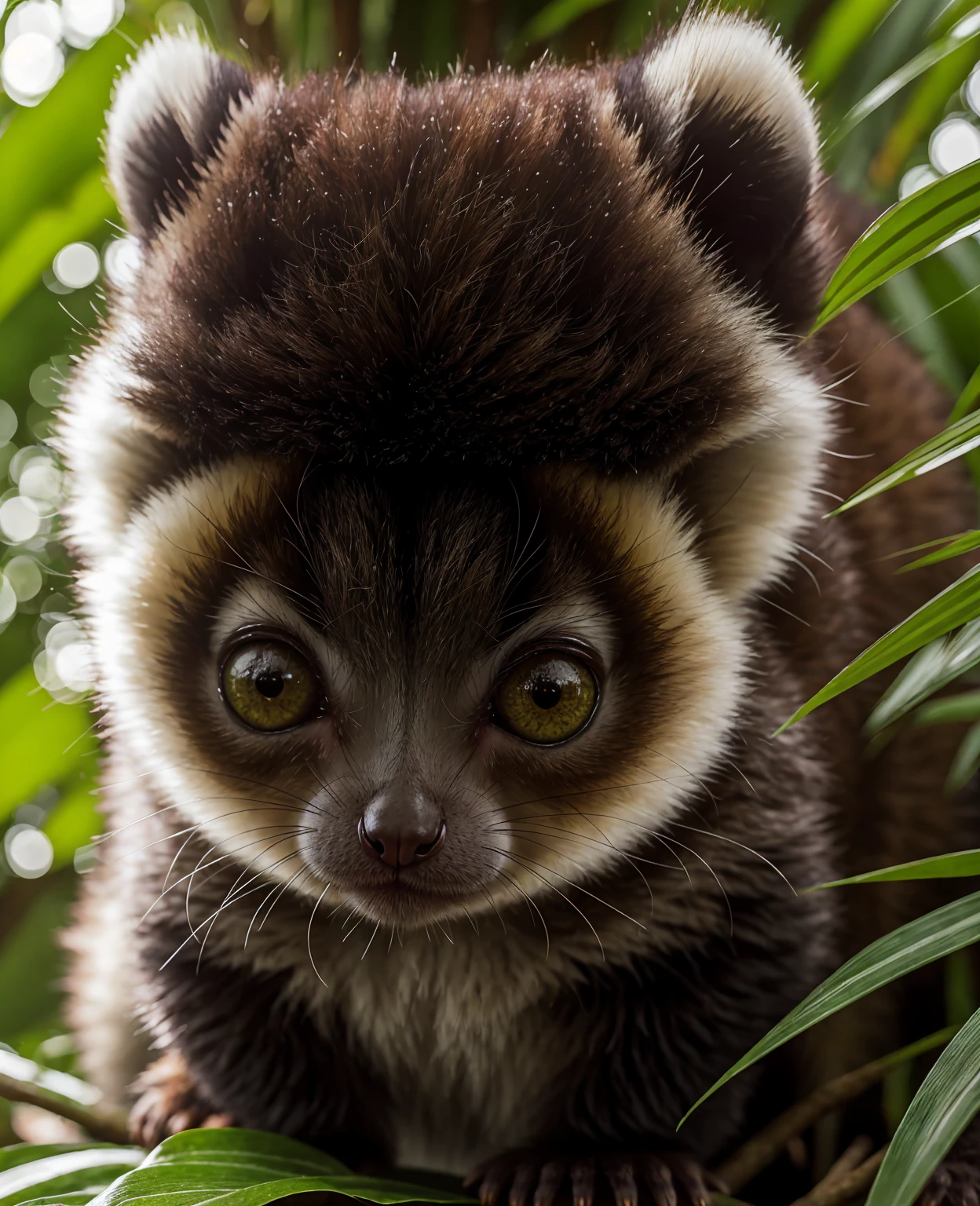 detailed portrait of a cute dwarf lemur, animal, adorable furry creature, big eyes, fuzzy face, detailed fur texture, natural environment, lush green leaves, tropical forest, natural lighting, vibrant colors, high quality, detailed, photorealistic