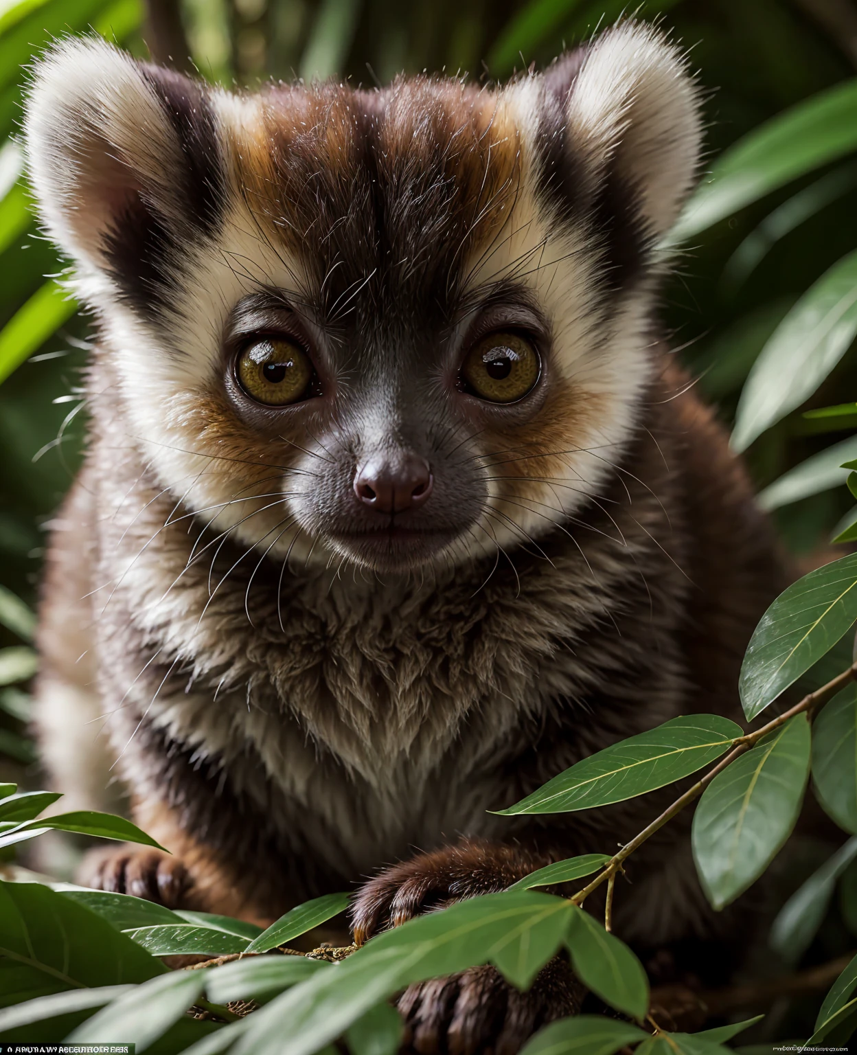 detailed portrait of a cute dwarf lemur, animal, adorable furry creature, big eyes, fuzzy face, detailed fur texture, natural environment, lush green leaves, tropical forest, natural lighting, vibrant colors, high quality, detailed, photorealistic