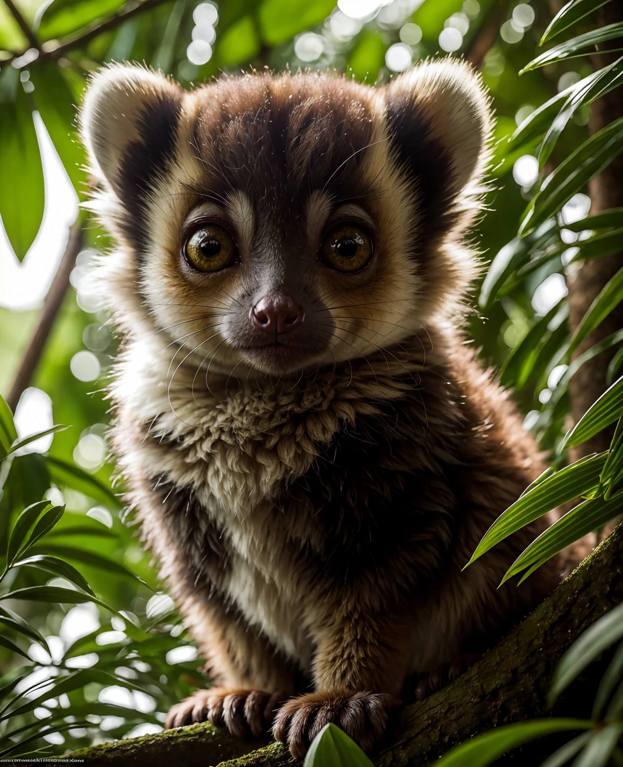 detailed portrait of a cute dwarf lemur, animal, adorable furry creature, big eyes, fuzzy face, detailed fur texture, natural environment, lush green leaves, tropical forest, natural lighting, vibrant colors, high quality, detailed, photorealistic