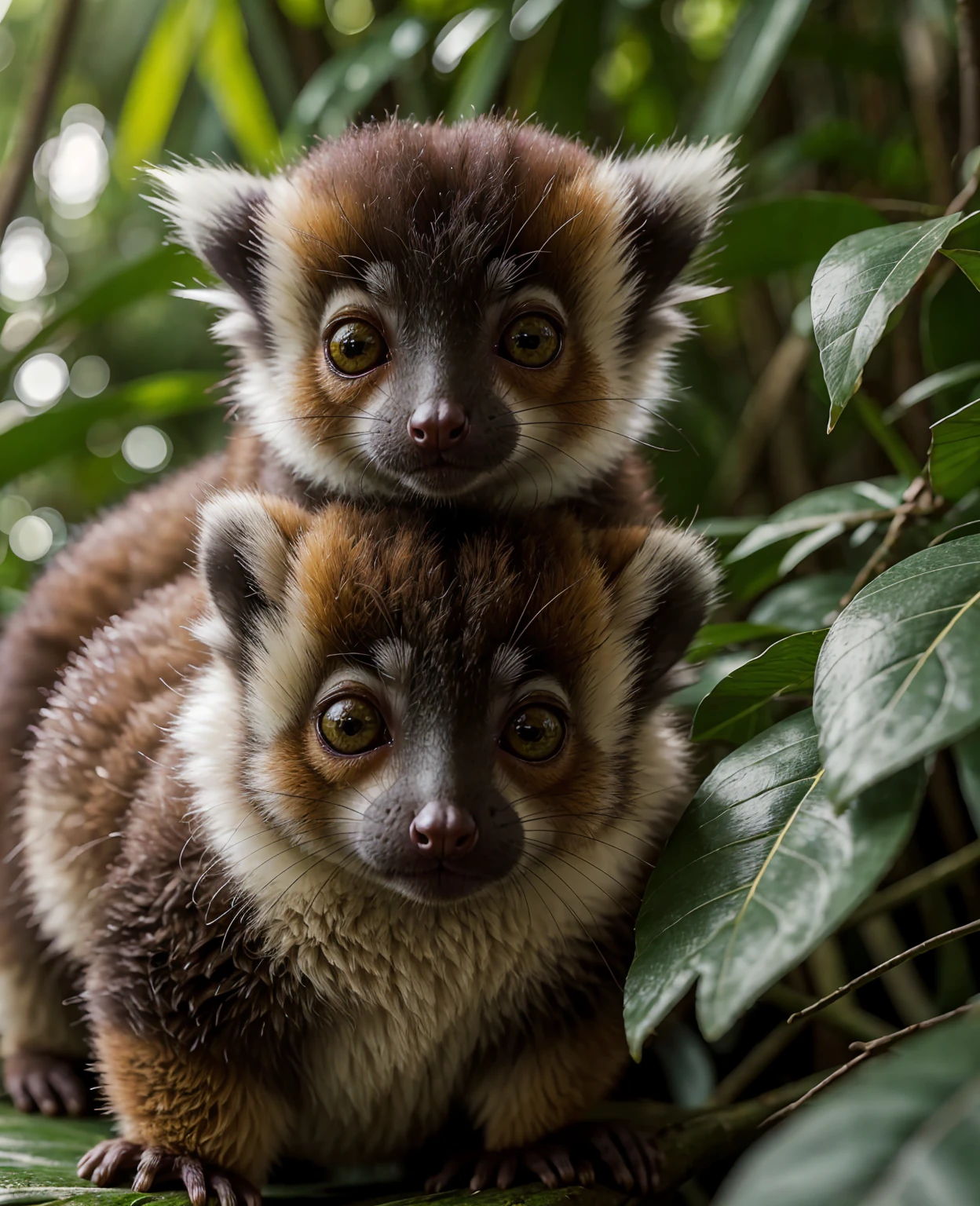 detailed portrait of a cute dwarf lemur, animal, adorable furry creature, big eyes, fuzzy face, detailed fur texture, natural environment, lush green leaves, tropical forest, natural lighting, vibrant colors, high quality, detailed, photorealistic