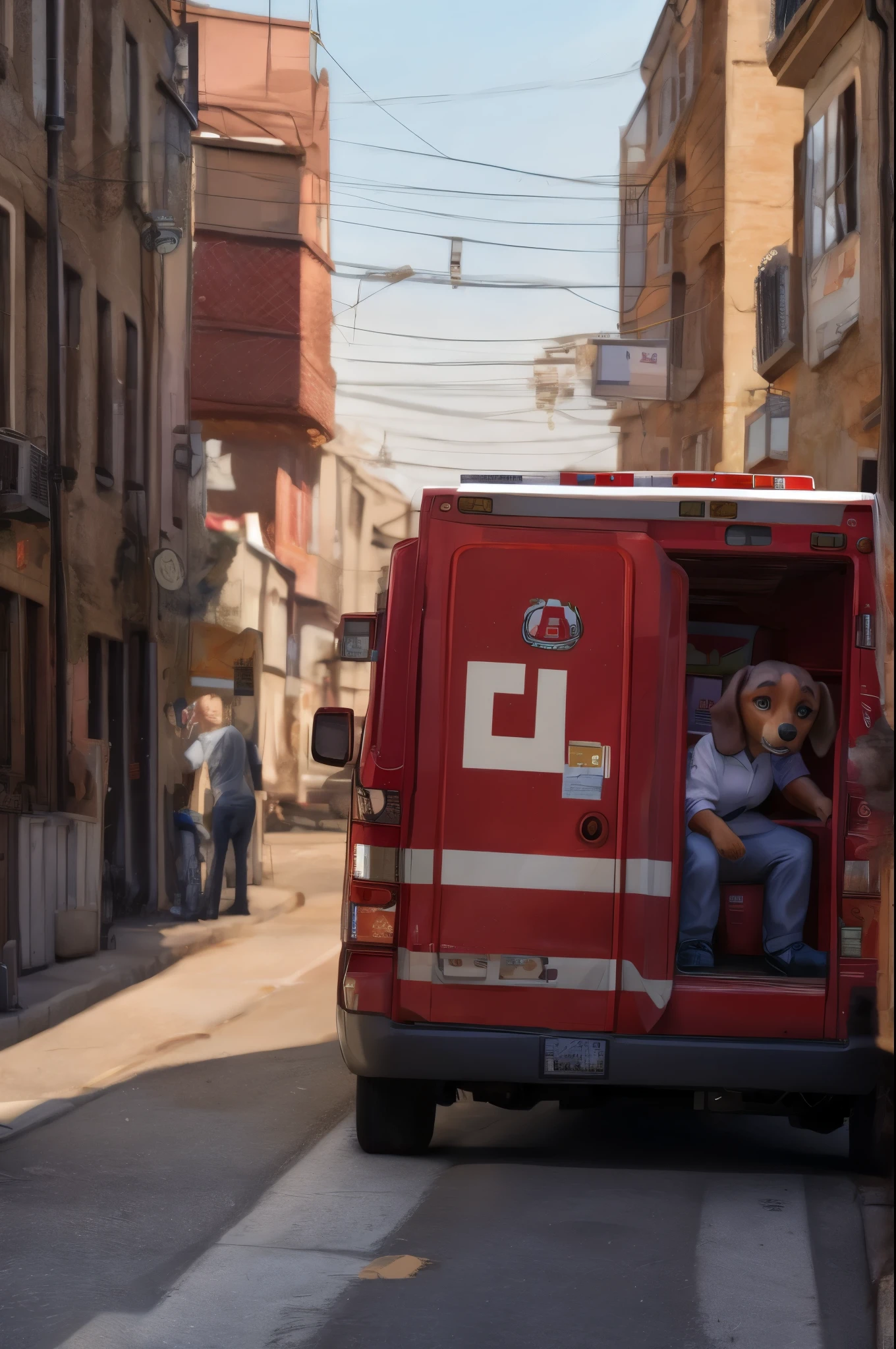 A scene where Emily is being taken away in an ambulance. The red-brown miniature dachshund, Lulu, is looking at the ambulance with a worried and sad expression. The background shows a small town street.
