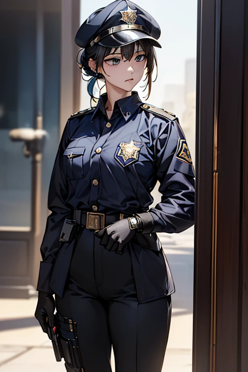 ((masterpiece), ((Highest quality)), (masterpiece,Highest quality,Official Art,Highly detailed CG Unity 8k wallpaper)、"A female police officer from the near future wears a highly functional uniform.。Wearing a dark blue or black tight-fitting jacket、Reflective lines and metallic accents、Built-in protective padding on shoulders and elbows。Badge and ID holder on left chest。Underneath, he wears a moisture-wicking grey or blue shirt.、Contrasting stripes on collar and cuffs。The pants are tight-fitting straight pants made from the same high-performance material as the jacket.、Built-in protective pads on knees and thighs。Wearing a sturdy black belt、Multiple pouches and holsters are attached.、Stores power tools and communication equipment。On her feet, she wears mid-cut black boots that provide good ankle support.。The cap also matches the uniform.、Reflective lines and metallic badges。As an accessory、Impact resistant gloves、Bulletproof glass goggles with night vision function、It also comes with a headset with an integrated earpiece and microphone.。"