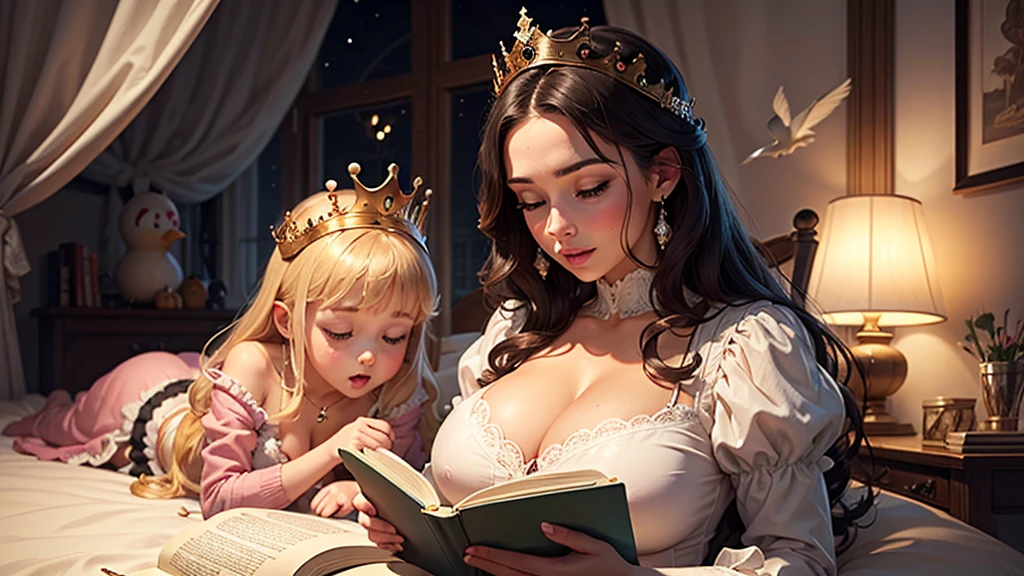 big breast queen reading a book to the princess in bed, cute birds , fairytale
