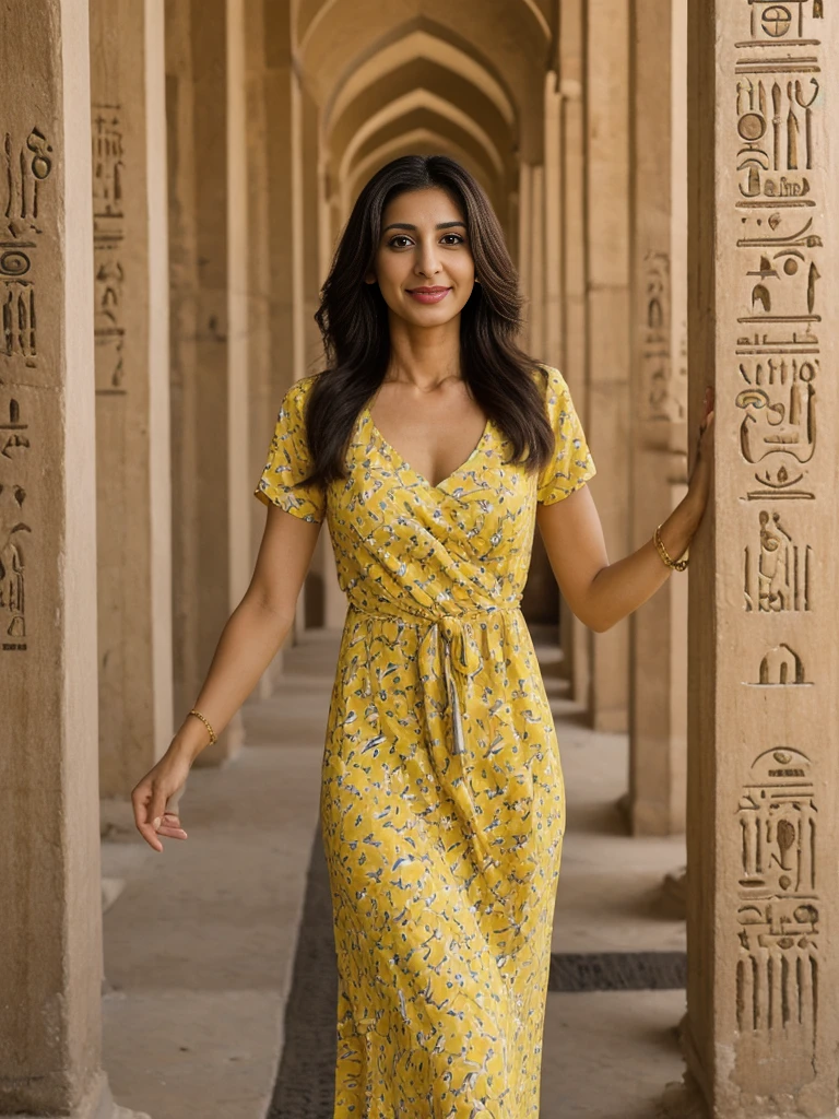 Rania, 1girl, solo, ((Egyptian woman)), consistent face and body, ((MILF)), ((30 years old)), (mature), ((slim)), ((Egyptian face)), (Egyptian nose), (Egyptian lips), long straight hair, upper body and upper legs, (background: Burj Al Arab), BREAK, (wearing yellow printed pring dress), smirking, teasing
