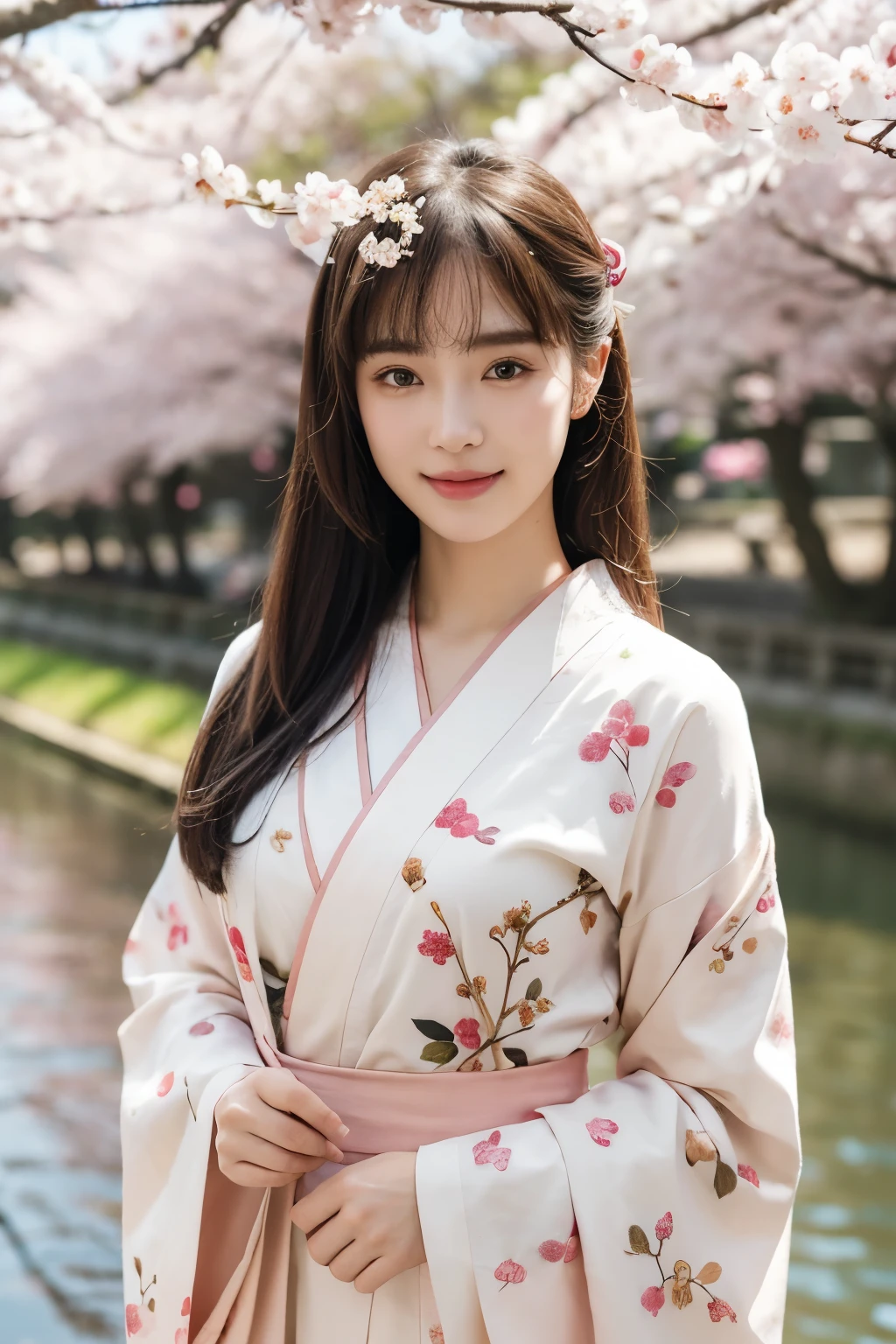 (Realistic:1.3), In detail, quality, Rembrandt Lighting, (masterpiece:1.2), (photoRealistic:1.2), (best quality), (Detailed skin:1.3), (Intricate details), dramatic, Ray Tracing, One girl, Japanese Girls, 21 years old, Detailed skin texture, (blush:0.5), (It gives me goosebumps:0.5), Scattered beneath the surface, smile, Medium chest, Updo, bangs, Hair between the eyes, hair ornaments, Hair Flower, Pink kimono, Floral print, Long sleeve, whole body, (Bright sunny day, (Cherry tree, Cherry Blossom:1.1), river, nature, Kyoto, null),  