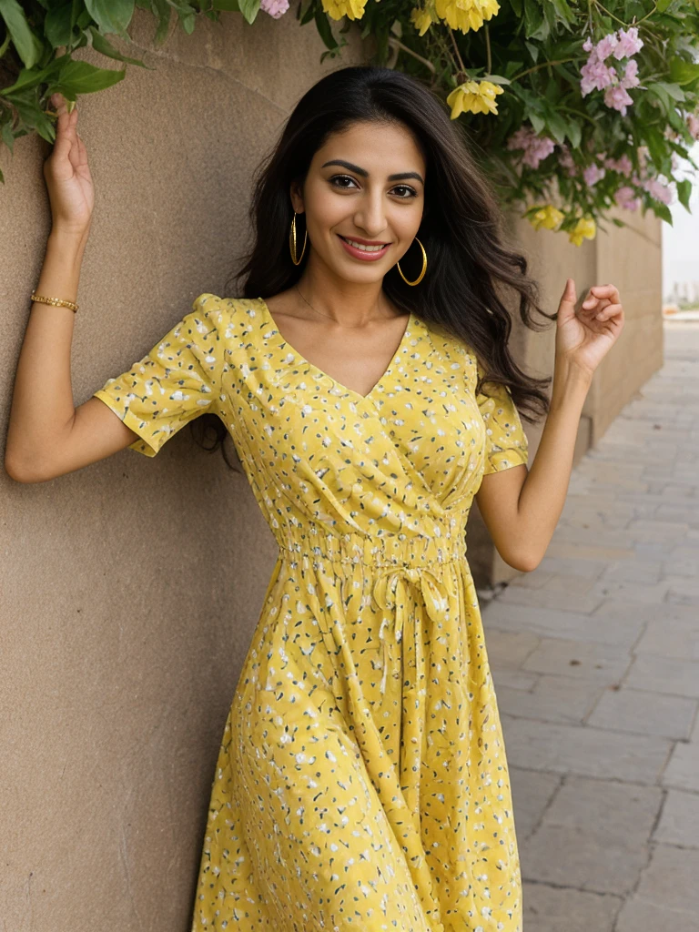 Rania, 1girl, solo, ((Egyptian woman)), consistent face and body, ((MILF)), ((30 years old)), (mature), ((slim)), ((Egyptian face)), (Egyptian nose), (Egyptian lips), long straight hair, upper body and upper legs, (background: Burj Al Arab), BREAK, (wearing yellow printed spring dress), smirking, teasing