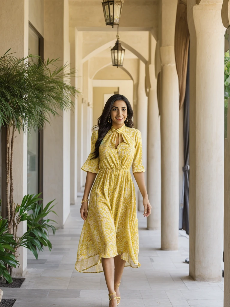 Rania, 1girl, solo, ((Egyptian woman)), consistent face and body, ((MILF)), ((30 years old)), (mature), ((slim)), ((Egyptian face)), (Egyptian nose), (Egyptian lips), long straight hair, upper body and upper legs, (background: Burj Al Arab), BREAK, (wearing yellow printed pring dress), smirking, teasing