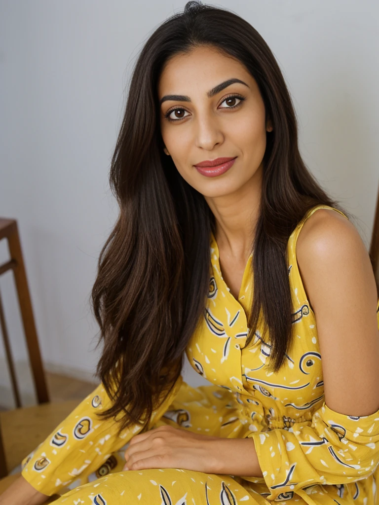 Rania, 1girl, solo, ((Egyptian woman)), consistent face and body, ((MILF)), ((30 years old)), (mature), ((slim)), ((Egyptian face)), (Egyptian nose), (Egyptian lips), long straight hair, upper body and upper legs, (background: Burj Al Arab), BREAK, (wearing yellow printed spring dress), smirking, teasing