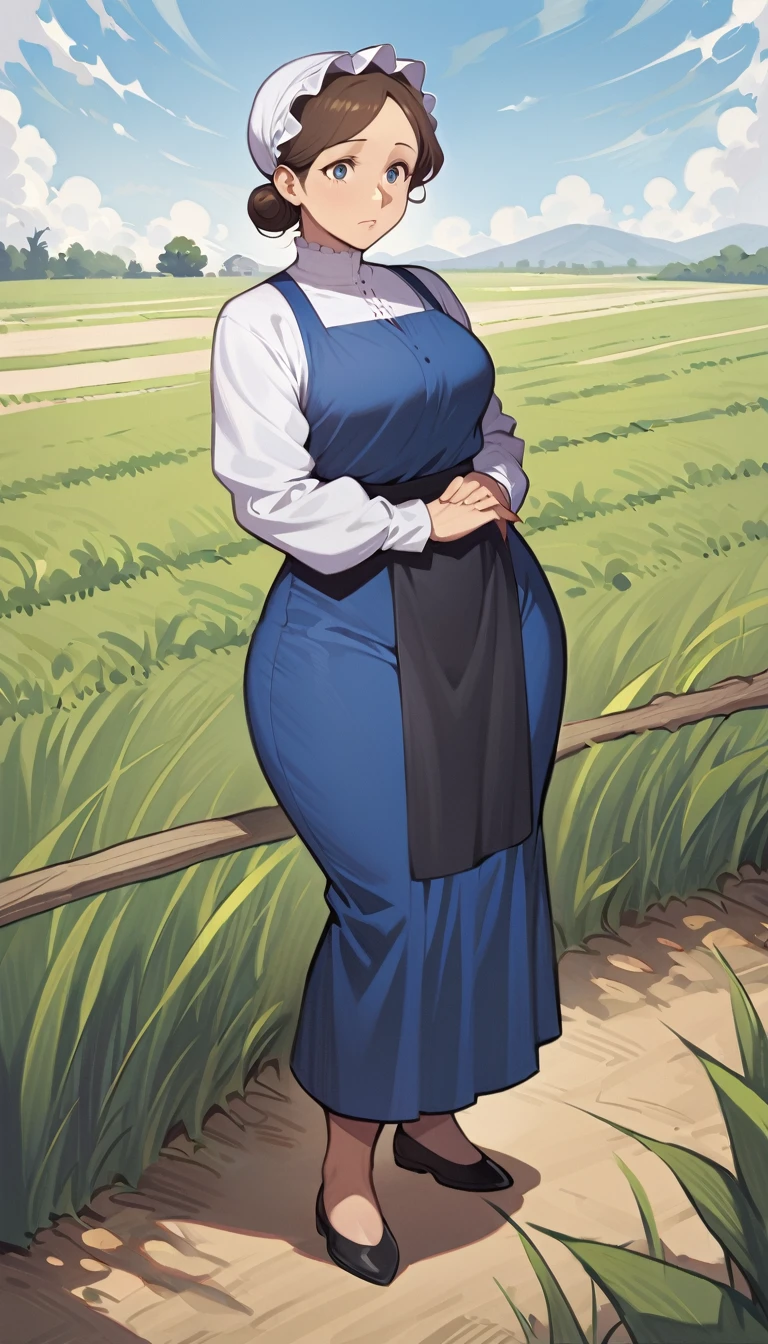 mature adult amish woman, 40 years old, pale skin, long sleeved blue dress, small black apron over her  blue dress, full body shown, very short brown hair in a conservative sleek bun, white bonnet kapp, wide hips, thick thighs, wearing simple black flats, thick legs, slightly below the knee dress, slight face wrinkles, tight sleeves, standing upright in a farm field, no makeup, round face, hands on lap, updo hairstyle, dress clings to hips