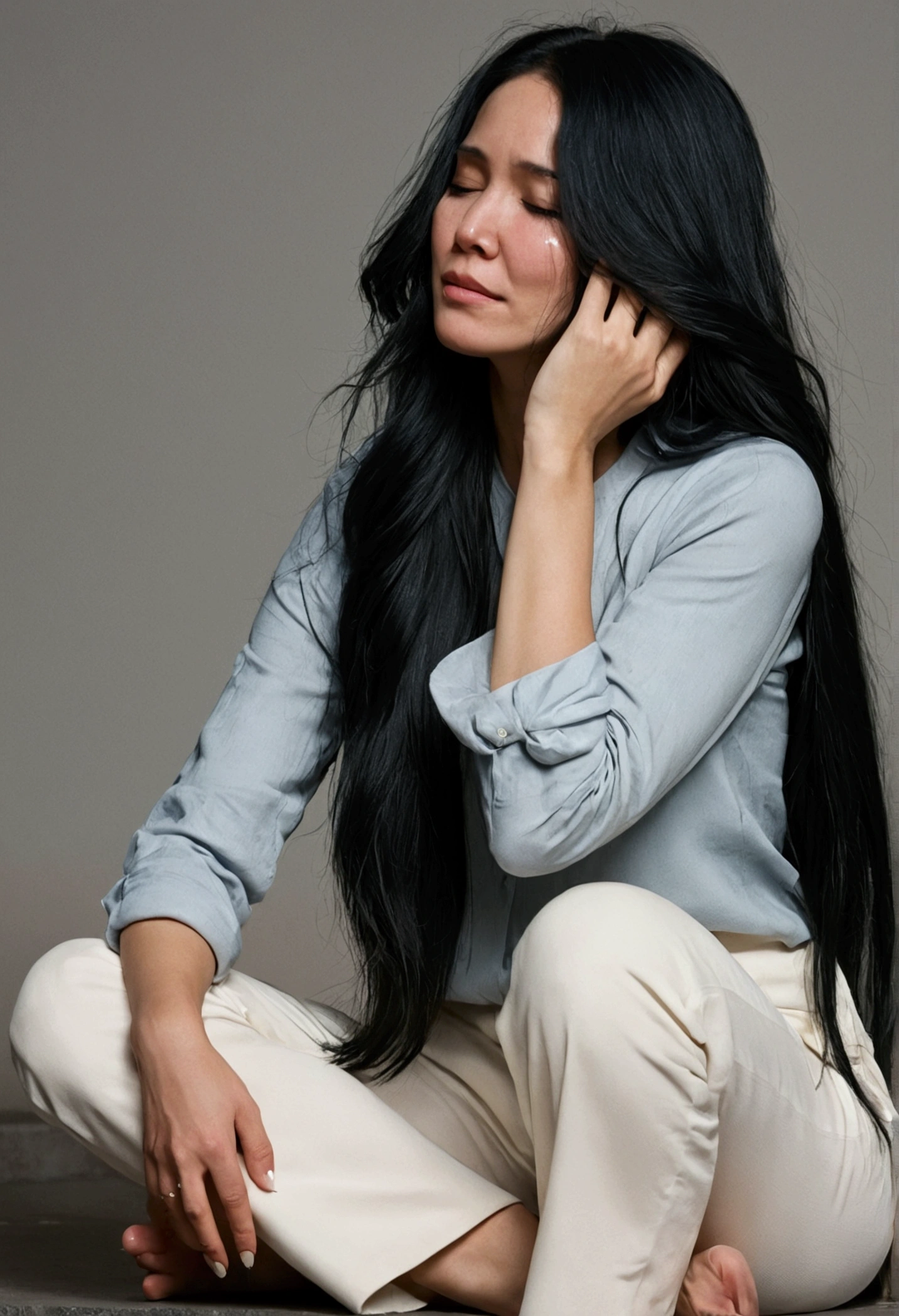 A woman with long black hair, wearing a casual, solid-colored outfit, sat with her arms around her knees, tears streaming down her face.