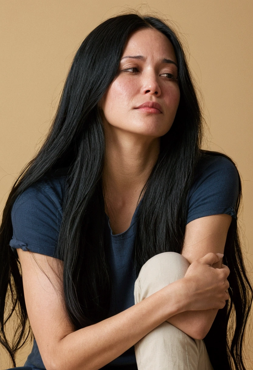 A woman with long black hair, wearing a casual, solid-colored outfit, sat with her arms around her knees, tears streaming down her face.