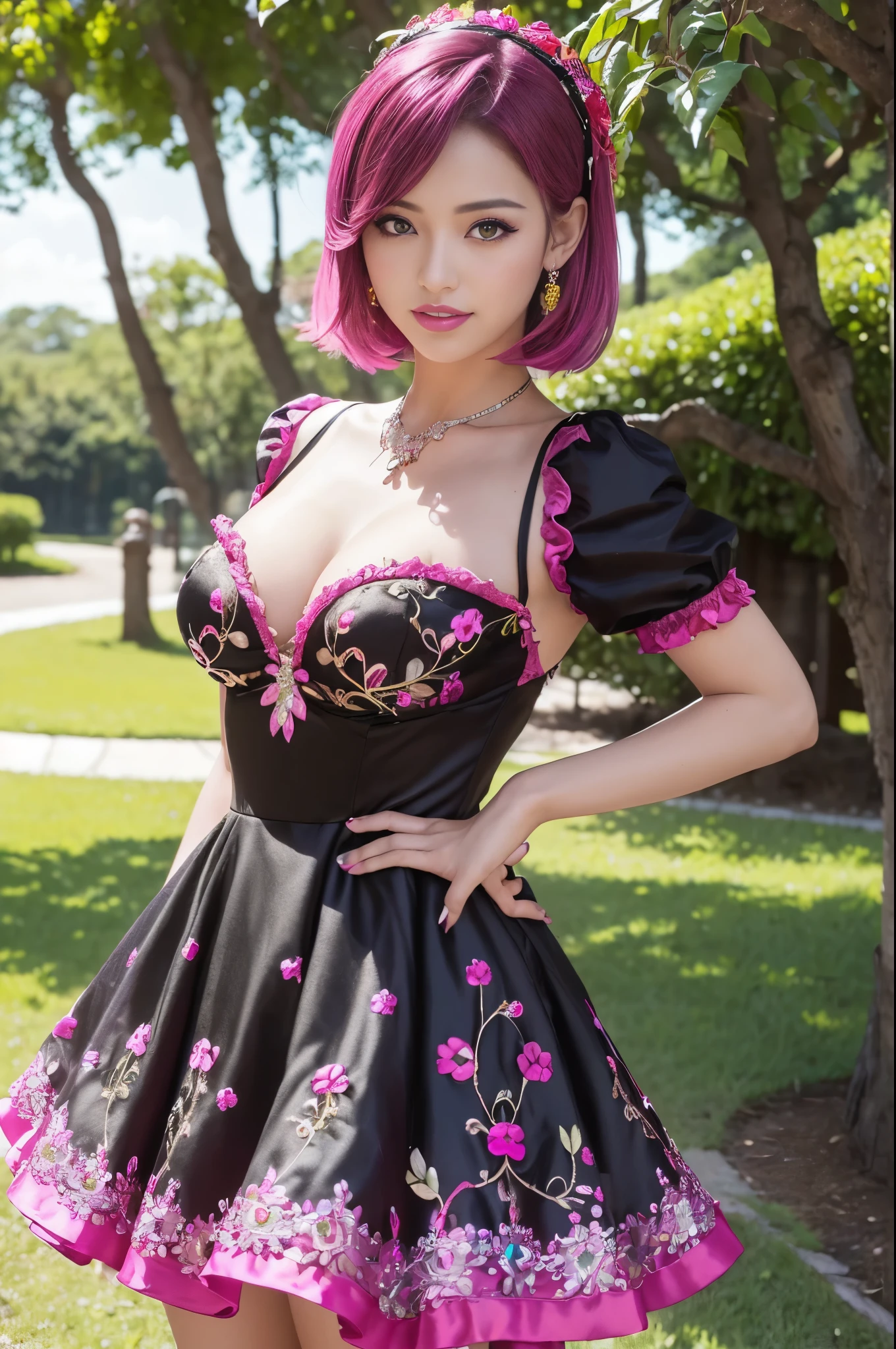 (masterpiece:1.4), (best quality:1.4), ultra high res, ultra high resolution, ((detailed facial features)), HDR, (realistic, photorealistic, photo-realistic:1.37), full body Esbian, sexy swedish model, (-anime), only 1 model, (vivid colors), ((vivid colors multicolor (fuchsia, pink, light purple) very short hair)), ((beautiful smile)), lip-gloss, long lashes, ultra detailed makeup, defined eyebrows, wearing large sparkling colorful jewelery, wearing a red silk Paradise Kiss cosplay dress with black floral embroidery, ((vivid colors outfit)), (vivid colors), look at the camera, cinematic light, large park background with trees, sweet and sexy pose