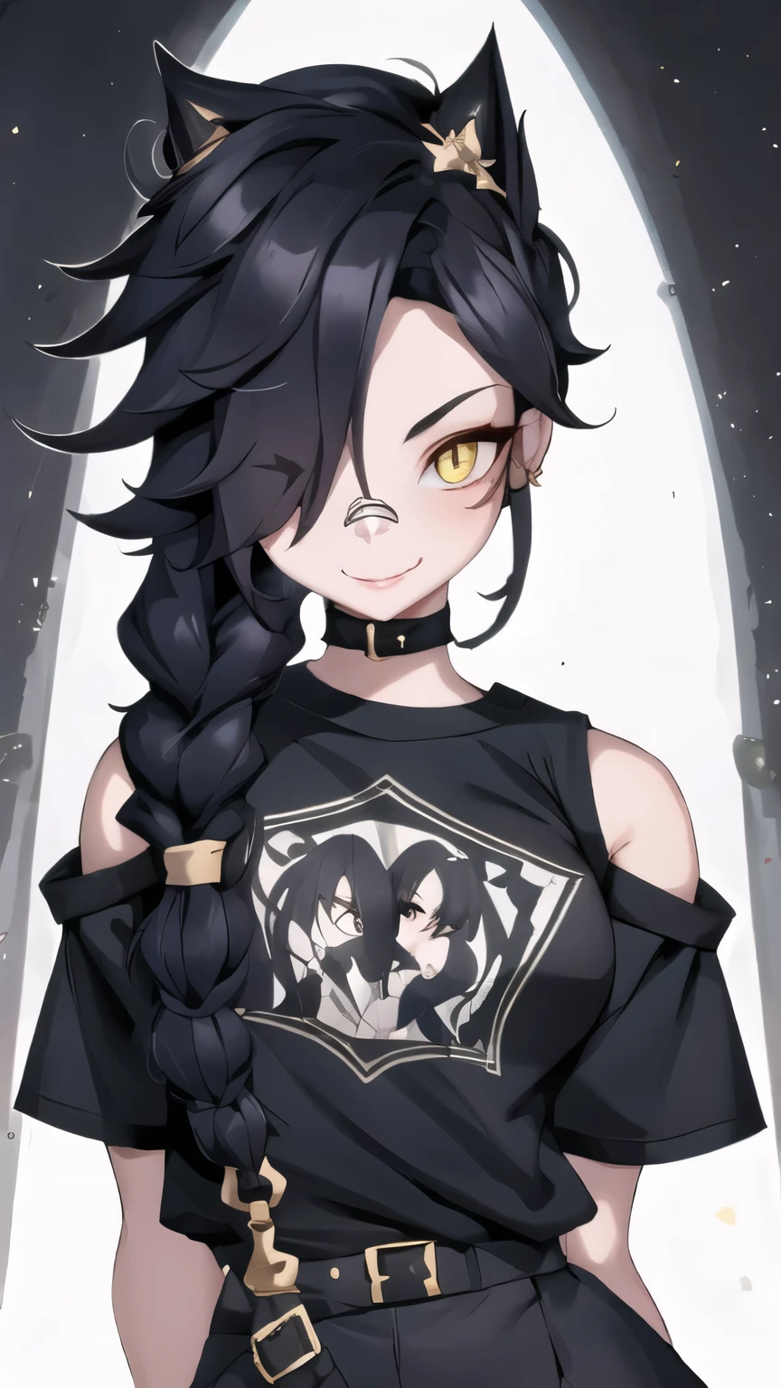 1girl, solo, ultra long hair, looking at viewer, black hair, bandaid on face, yellow eyes, smile, bandaid on nose, braid, bandaid, ultra detailed face, masterpiece, bangs, breasts, fang, bare shoulders, scar, teeth, shirt, bare shoulders, white shirt, short sleeves, closed mouth, t-shirt, hair over one eye, portrait, bag, hair over shoulder, shorts, fullbody shot, cute, messy hair