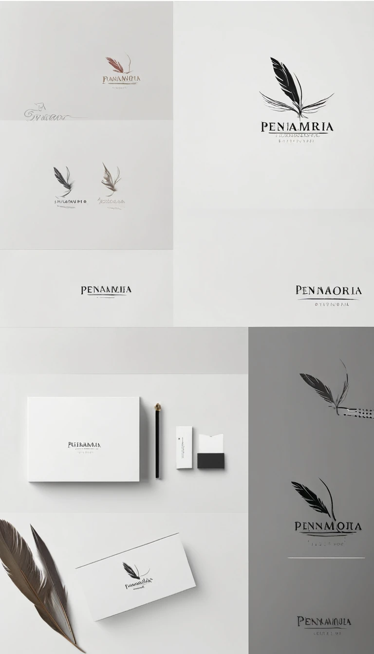 A minimal, modern, simple, cinematic logo design for the brand “Penamemoria". Create a modern, minimalistic, high-quality, logo of a feather that convey a sense of memories and dreams