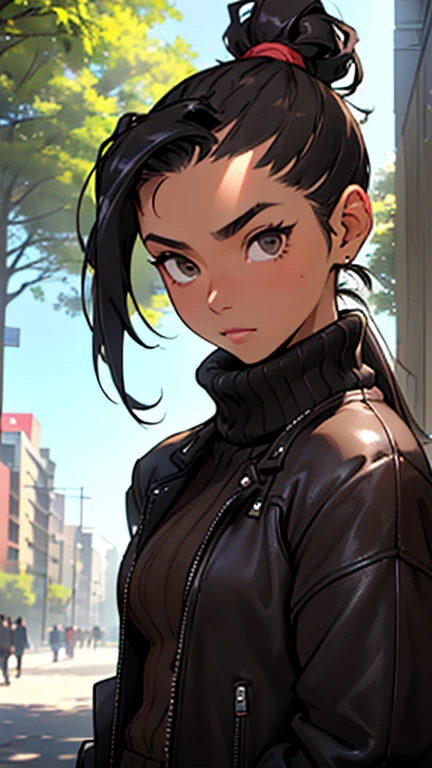 (detailed), (((normal girl))), (Arabic characteristics), ((brown sheepskin jacket)), ((pelo negro rizado ponytail hairstyle)), ((ponytail hairstyle)), (calm face), ((by the width)), ((black high boots)), (((whole body))), ((in the middle of the city leaning on a tree), ((woman)), (black turtleneck sweater), ((only one person)), (at midday)