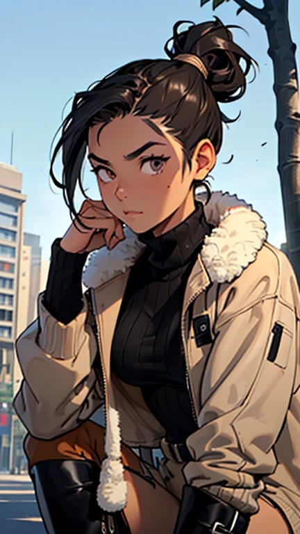 (detailed), (((normal girl))), (Arabic characteristics), ((brown sheepskin jacket)), ((pelo negro rizado ponytail hairstyle)), ((ponytail hairstyle)), (calm face), ((by the width)), ((black high boots)), (((whole body))), ((in the middle of the city leaning on a tree), ((woman)), (black turtleneck sweater), ((only one person)), (at midday)