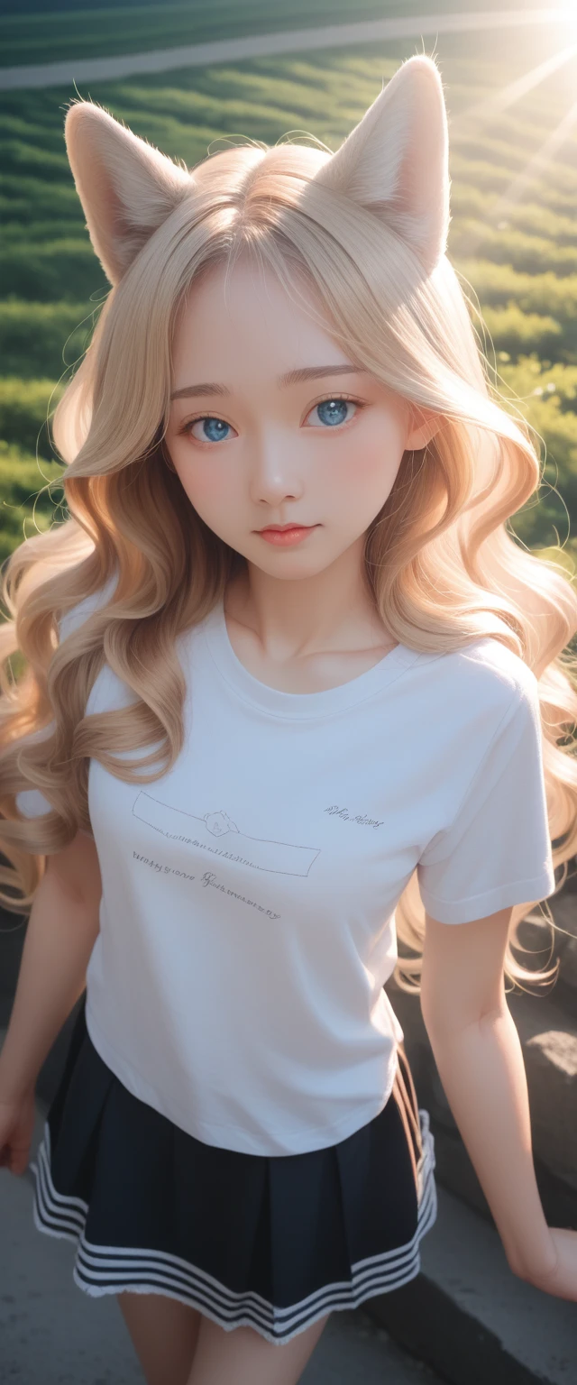 masterpiece, best quality, Langya, 1 Girl, Wolf ears, Wolf Tail, Lovely, Blushed, Looking at the audience, from above, Blonde wavy hair, mini skirt, White and black striped T-shirt, blue eyes, beautiful eyes, Beautiful background, Light Particles, Sun rays, Dramatic Lighting, external, shining, Practical, masterpiece, best quality, ultra-detailed, detailed, landscape, beautiful detailed eyes, detailed hair