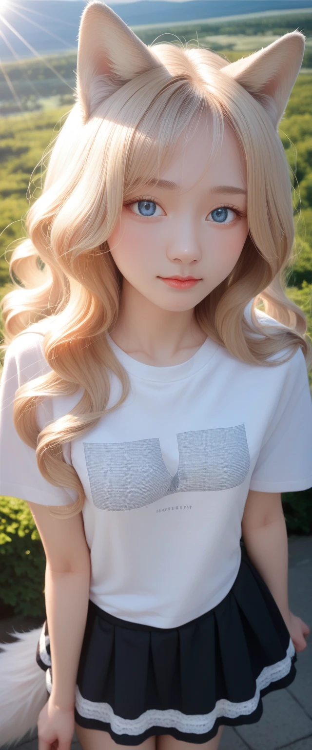masterpiece, best quality, Langya, 1 Girl, Wolf ears, Wolf Tail, Lovely, Blushed, Looking at the audience, from above, Blonde wavy hair, mini skirt, White and black striped T-shirt, blue eyes, beautiful eyes, Beautiful background, Light Particles, Sun rays, Dramatic Lighting, external, shining, Practical, masterpiece, best quality, ultra-detailed, detailed, landscape, beautiful detailed eyes, detailed hair