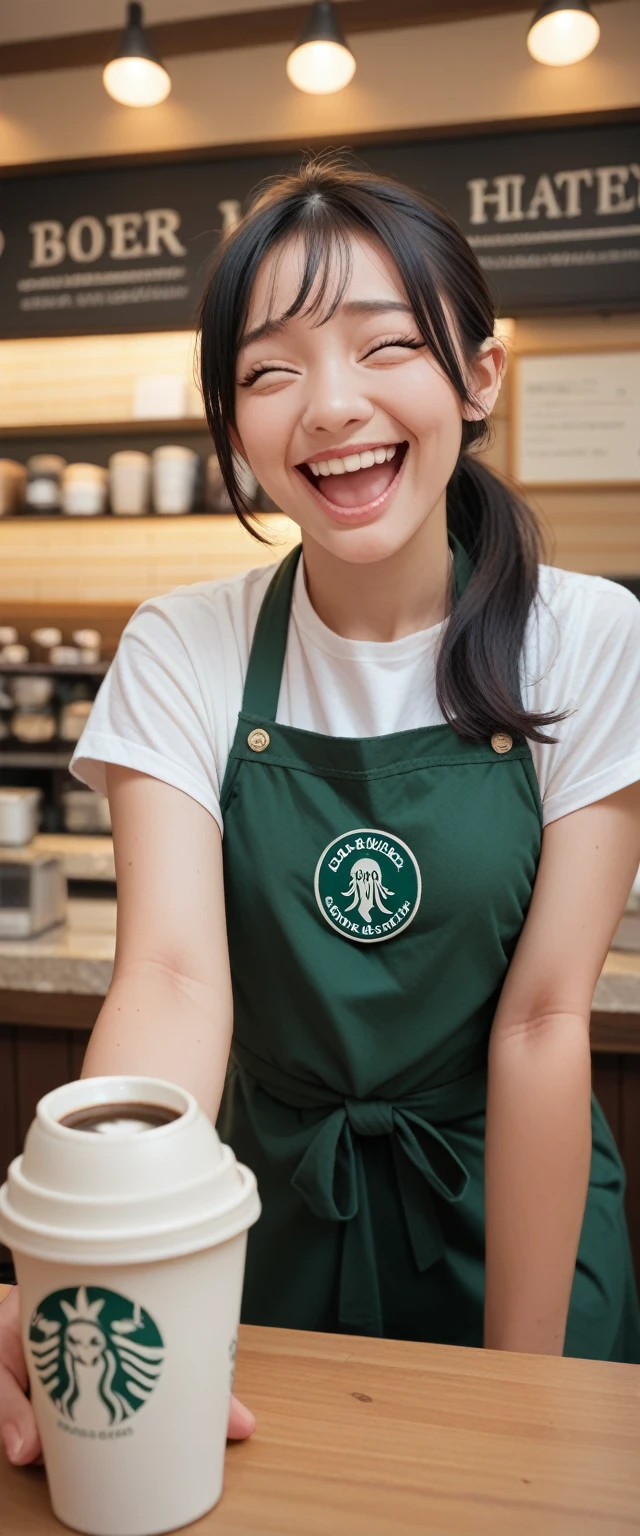 girl, Black Hair, elder sister, Wearing a ponytail,Laugh at someone who is talking, High-quality images, masterpiece, 美丽的girl, Coffee Shop,