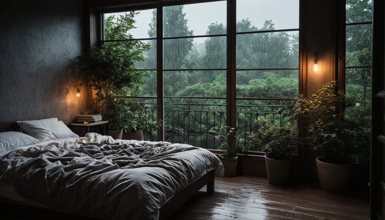 The picture shows a cozy gloomy bedroom, with a large window offering a view of a beautiful, dimly lit garden AND a garden soaked in FLOWERS, the cobblestones of the Japanese house concept. CINEMATIC, JAPANESE HOUSE, the shape of a Japanese house, and lots of flower gardens in the garden. The bed was unmade with rumpled sheets, indicating only a light sleep. the room is dark, gloomy, looks dim, gloomy. Beside the bed there is a small table with a classic lamp that radiates warm light into the room. Outside the window you can see the lush greenery of the terrace or balcony area, the rain is falling, the lamp on the left provides warm lighting, creating a calm and peaceful atmosphere. with fog obscuring part of the view in the distance. The contrast between the warmth indoors and the rain outdoors creates an inviting and calming atmosphere