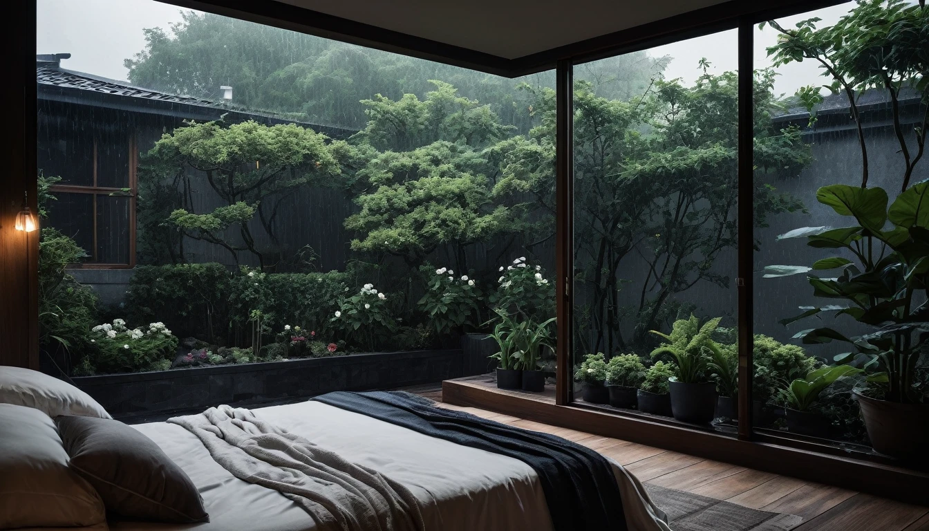 The picture shows a cozy gloomy bedroom, with a large window offering a view of a beautiful, dimly lit garden AND a garden soaked in FLOWERS, the cobblestones of the Japanese house concept. CINEMATIC, JAPANESE HOUSE, the shape of a Japanese house, and lots of flower gardens in the garden. The bed was unmade with rumpled sheets, indicating only a light sleep. the room is dark, gloomy, looks dim, gloomy. Beside the bed there is a small table with a classic lamp that radiates warm light into the room. Outside the window you can see the lush greenery of the terrace or balcony area, the rain is falling, the lamp on the left provides warm lighting, creating a calm and peaceful atmosphere. with fog obscuring part of the view in the distance. The contrast between the warmth indoors and the rain outdoors creates an inviting and calming atmosphere